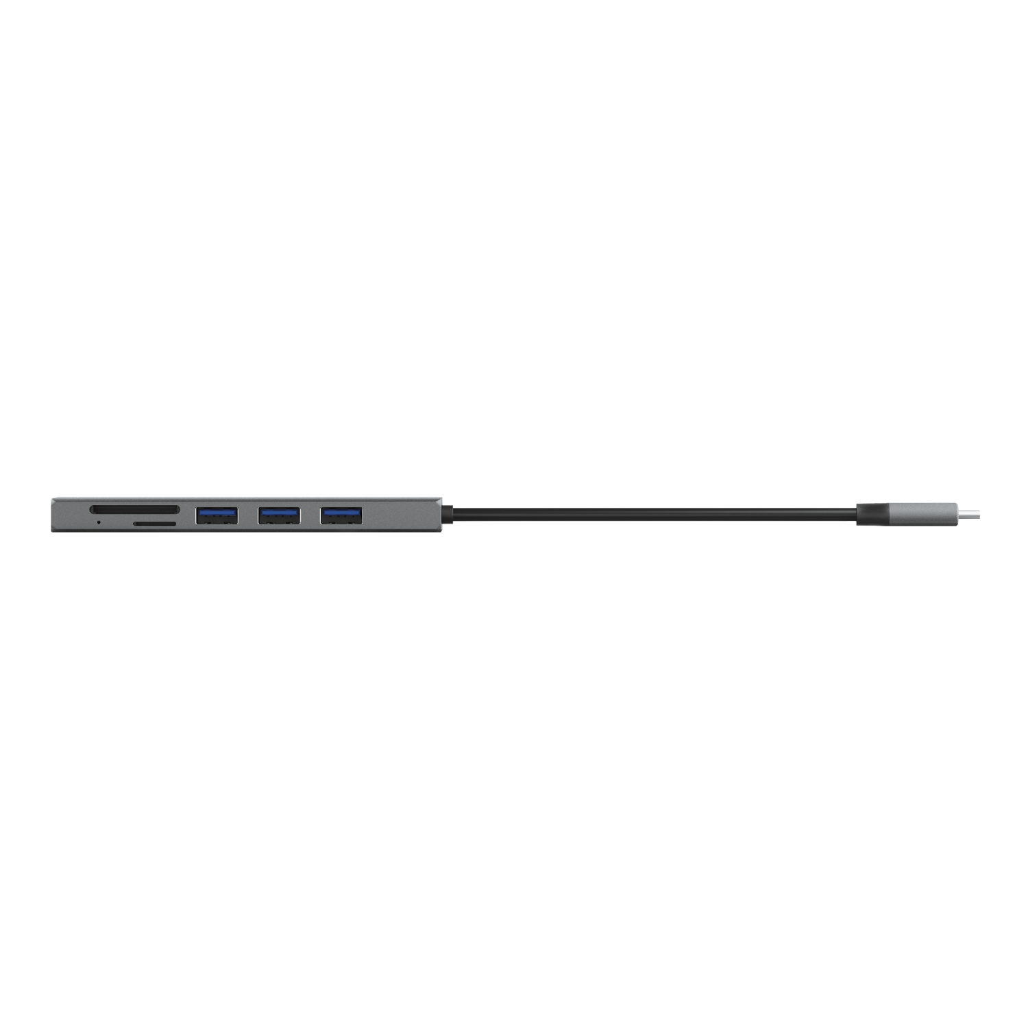 Un hub USB gris con tres puertos USB y una ranura para tarjetas SD, con un cable USB-C.