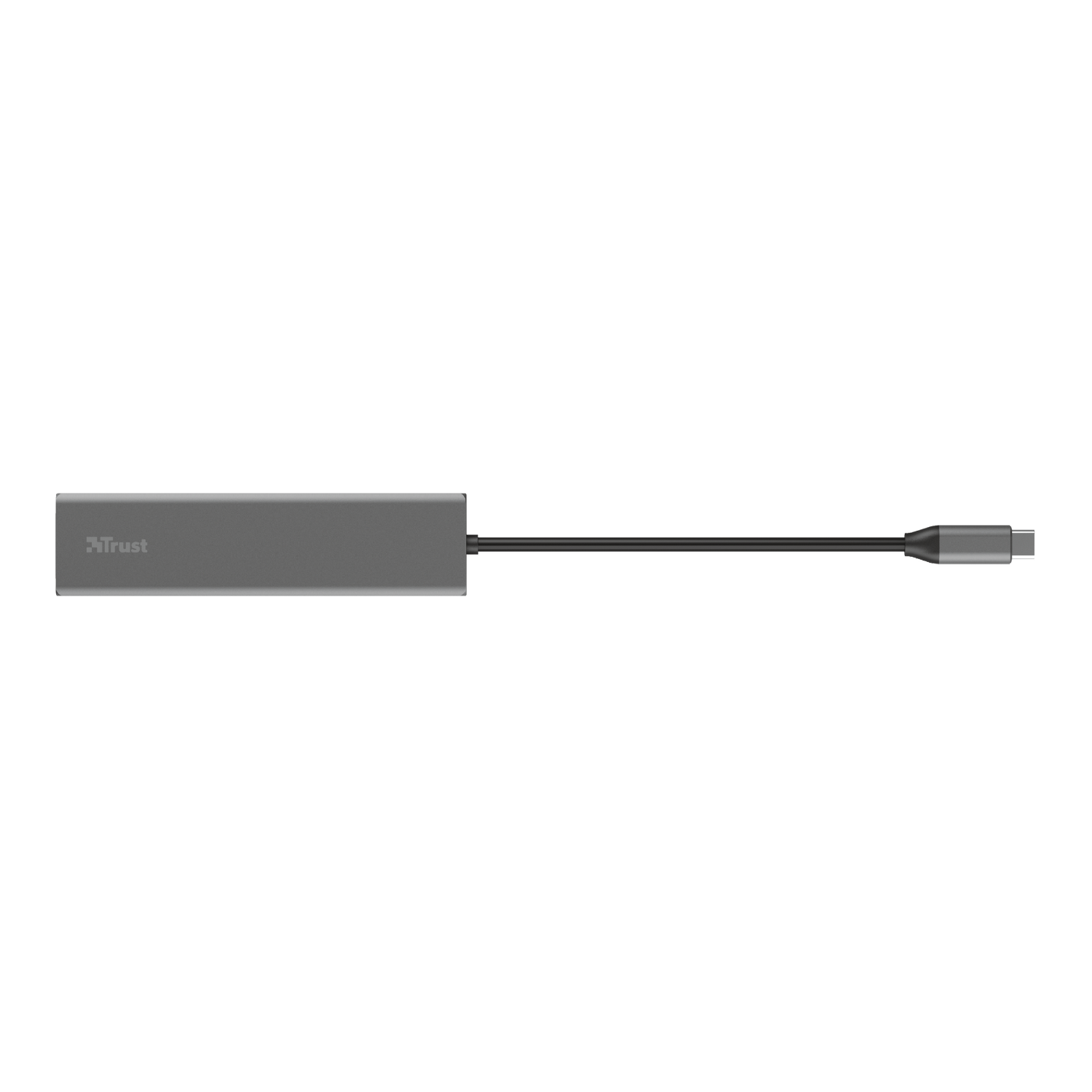 Un cable adaptador USB-C gris Trust. Es rectangular y tiene un conector USB-C.