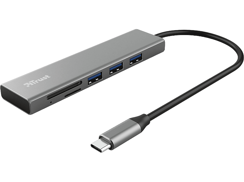 Hub - Trust Halyx, 3x USB-A, Lector de tarjetas microSD, USB-C, Multiplataforma, Plata