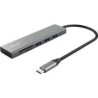Hub USB - Trust Halyx, 3x USB-A, Lector de tarjetas microSD, USB-C, Multiplataforma, Plata