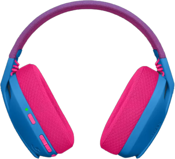 Kék és rózsaszín gamer fejhallgató, mikrofonnal és vezérlőkkel. Fekete háttér.