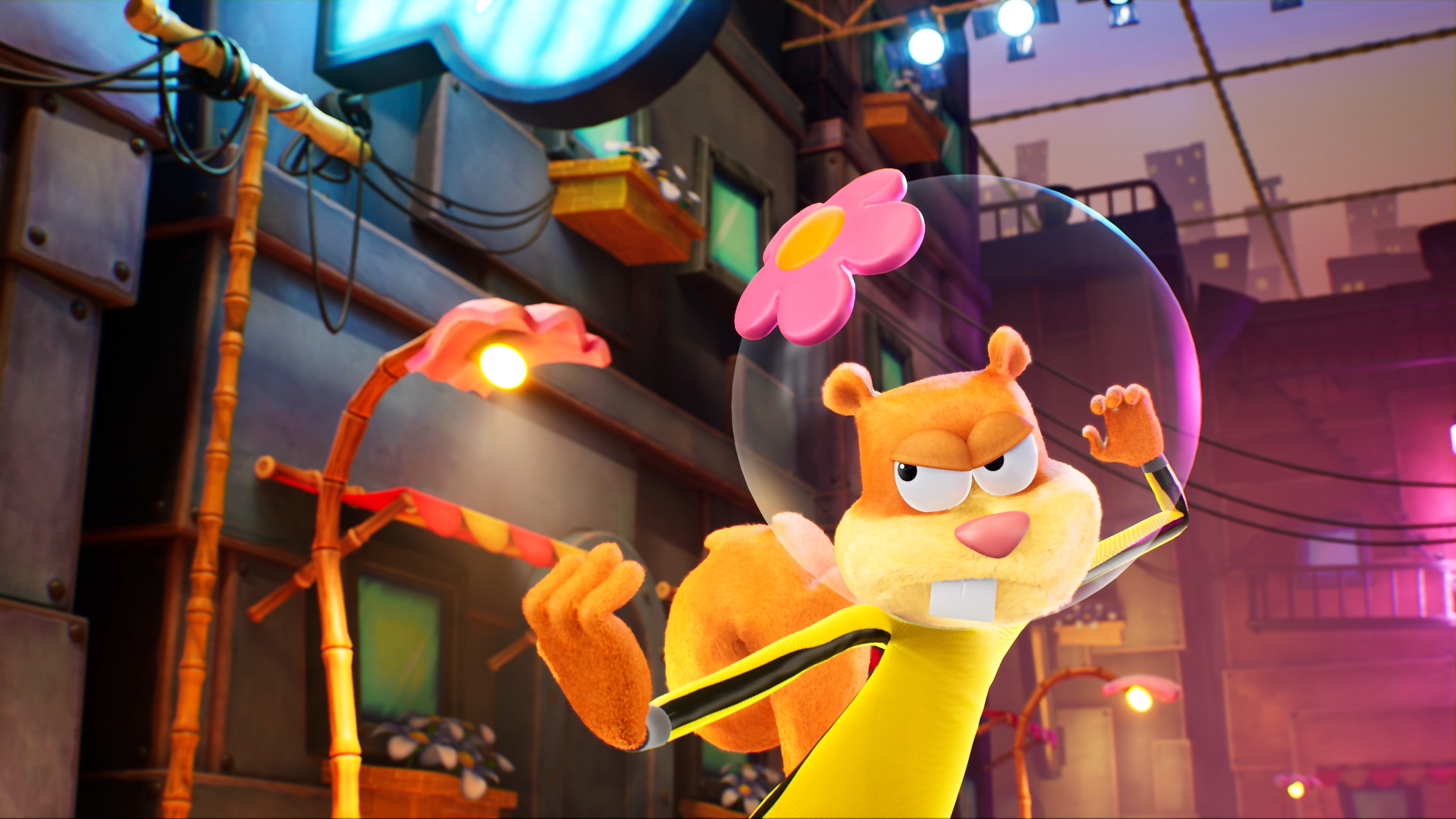 Sandy Cheeks, ein animiertes Eichhörnchen, steht mit einer Blume auf ihrem Helm.