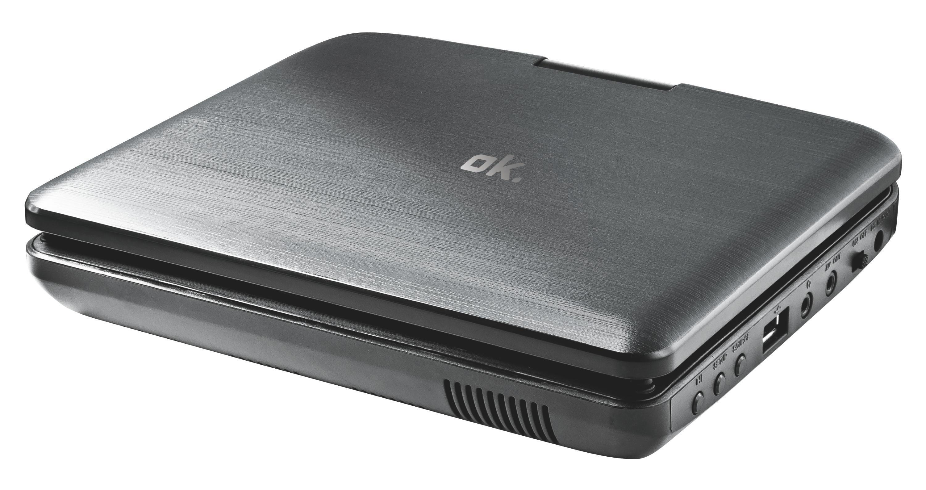 Nahaufnahme eines geschlossenen, dunkelgrauen DVD-Players mit dem Wort „ok.“ auf der Oberseite.