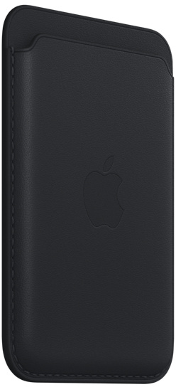 Zwarte leren telefoonhoes met Apple-logo.