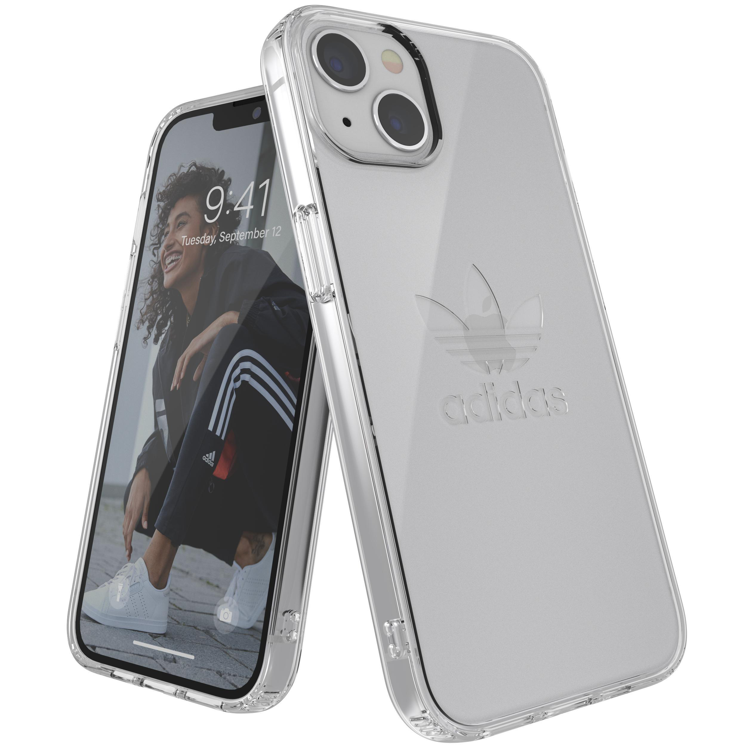 Ein iPhone in einer durchsichtigen Adidas-Hülle. Auf dem Telefonbildschirm ist ein Foto einer Frau zu sehen. Adidas-Logo ist auf der Rückseite.