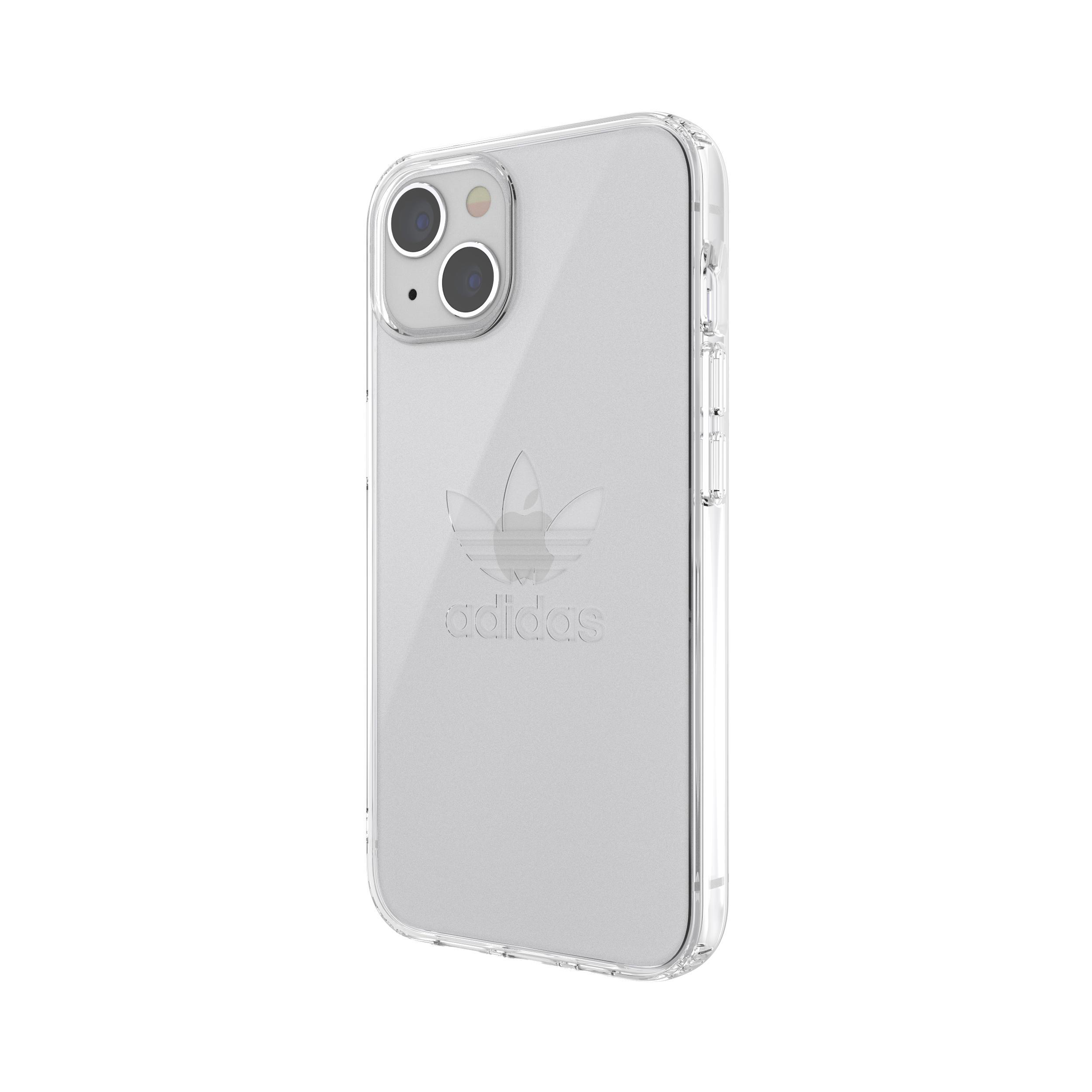Transparente Handyhülle mit Adidas-Logo auf der Rückseite, für ein Telefon mit zwei Kameras.