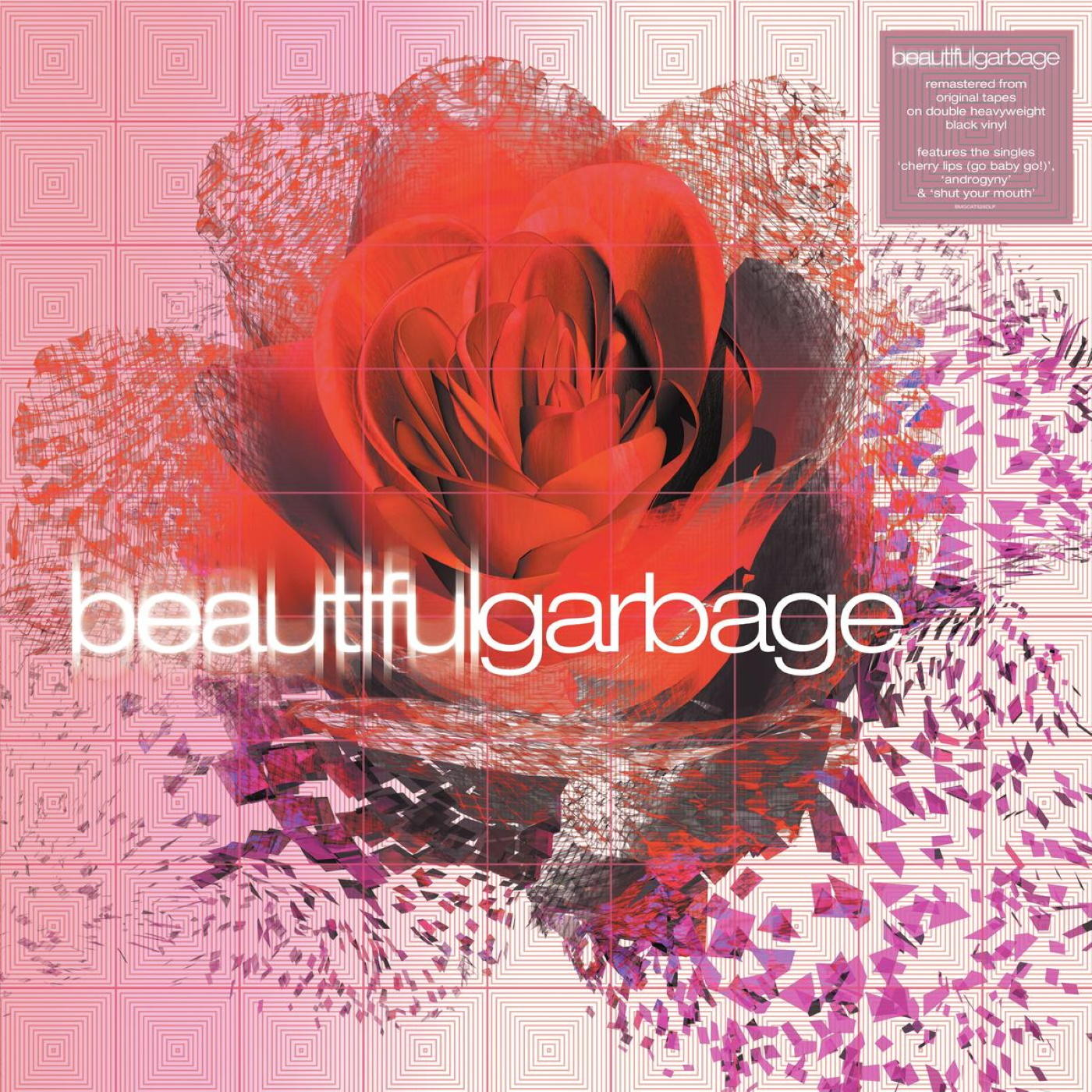 'Beautiful Garbage' album borítója, nagy piros rózsa dizájnnal és album részletekkel.