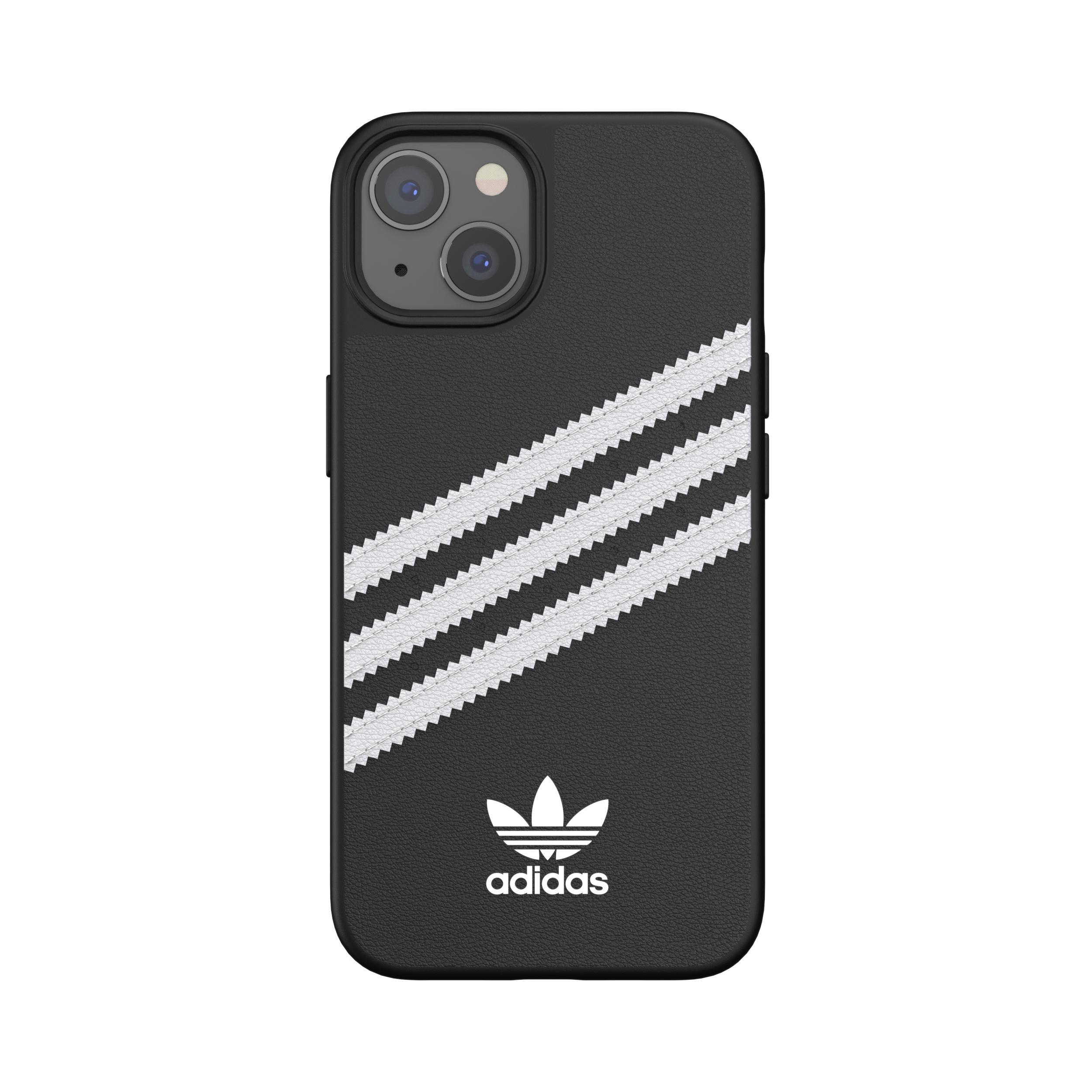 Eine schwarze Handyhülle mit weißen Adidas-Streifen und dem Adidas-Logo unten.