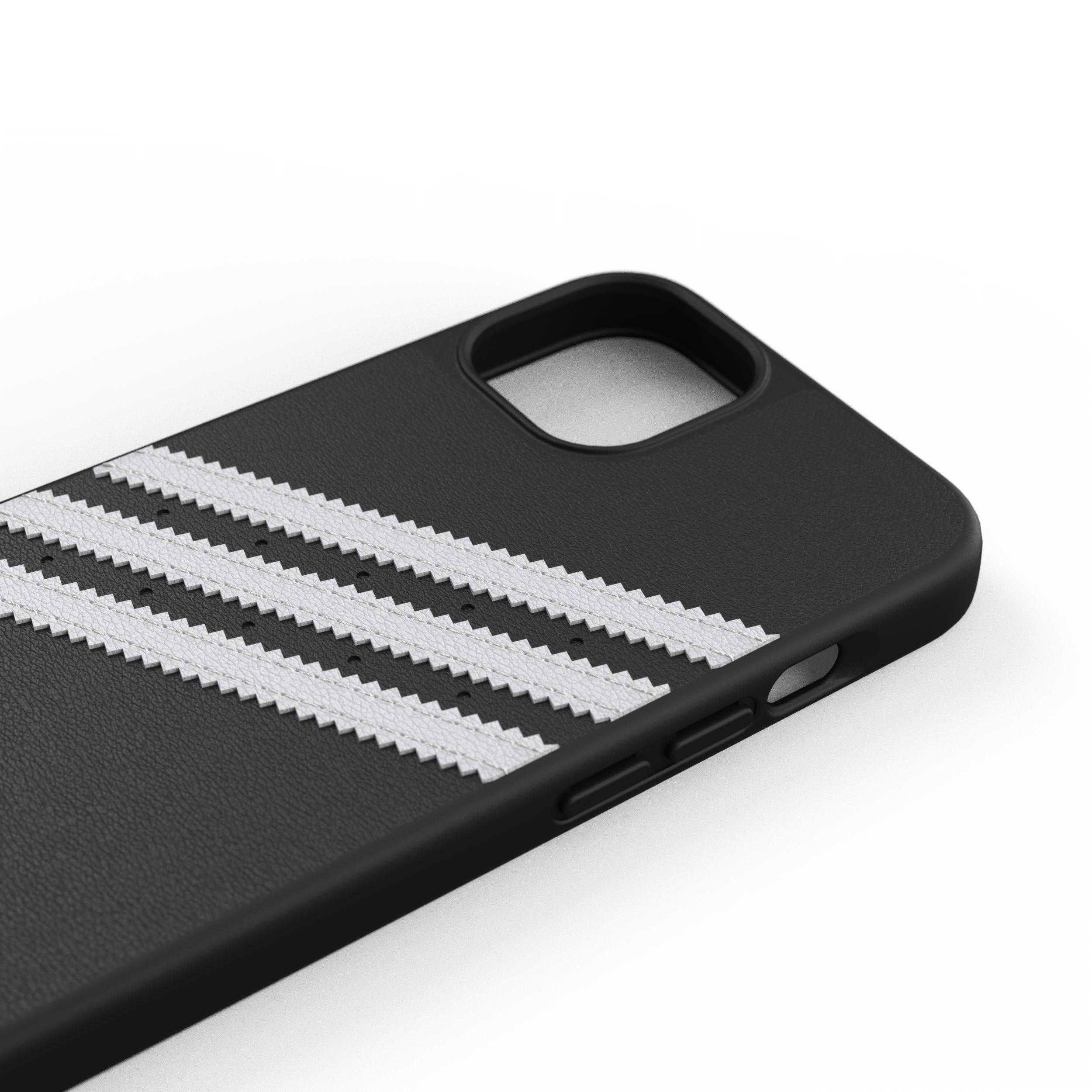 Adidas-Handyhülle: schwarz mit drei weißen Streifen an der Seite, zeigt ein klassisches Design.