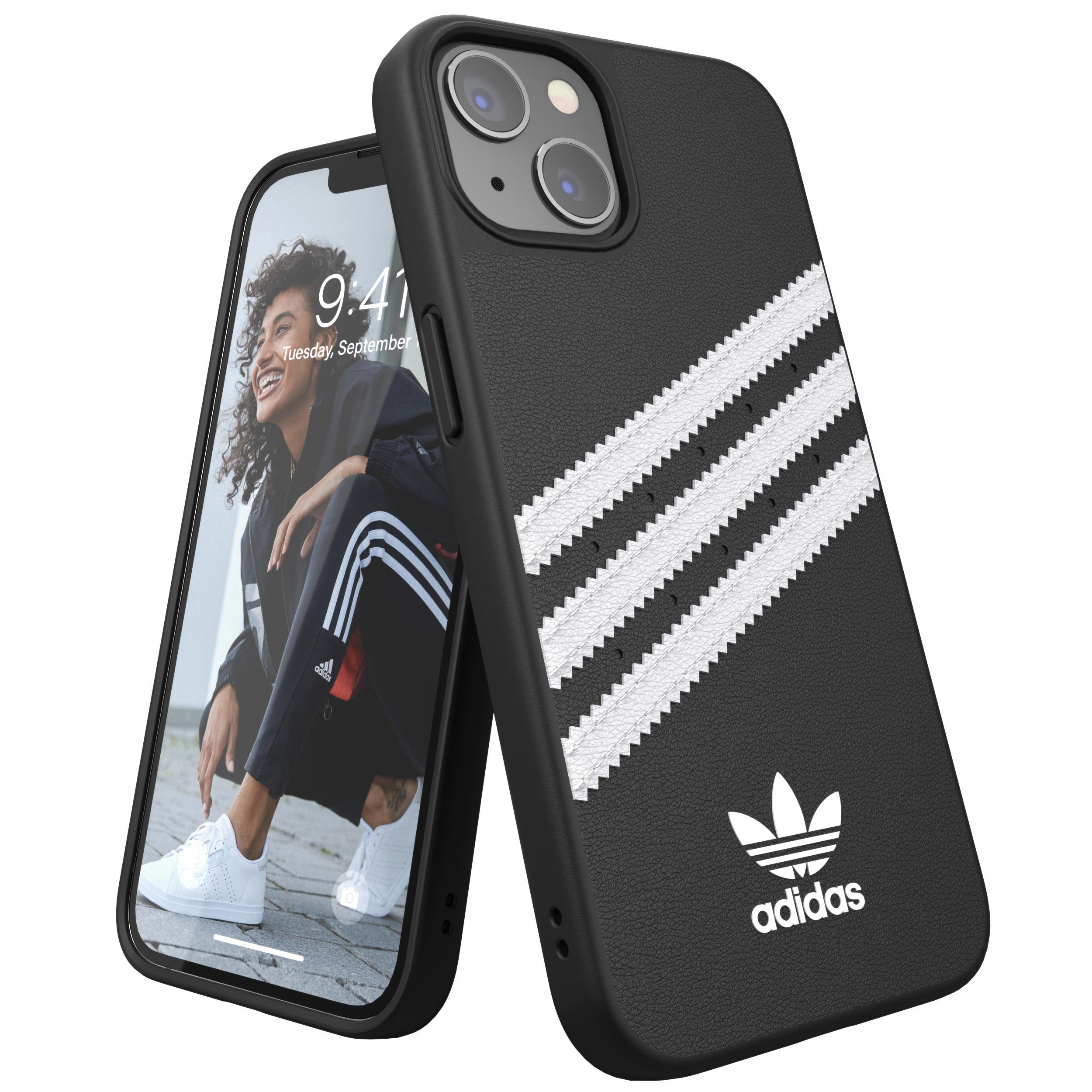Schwarzes iPhone in einer schwarzen Adidas-Hülle mit weißen Streifen und dem Adidas-Logo.