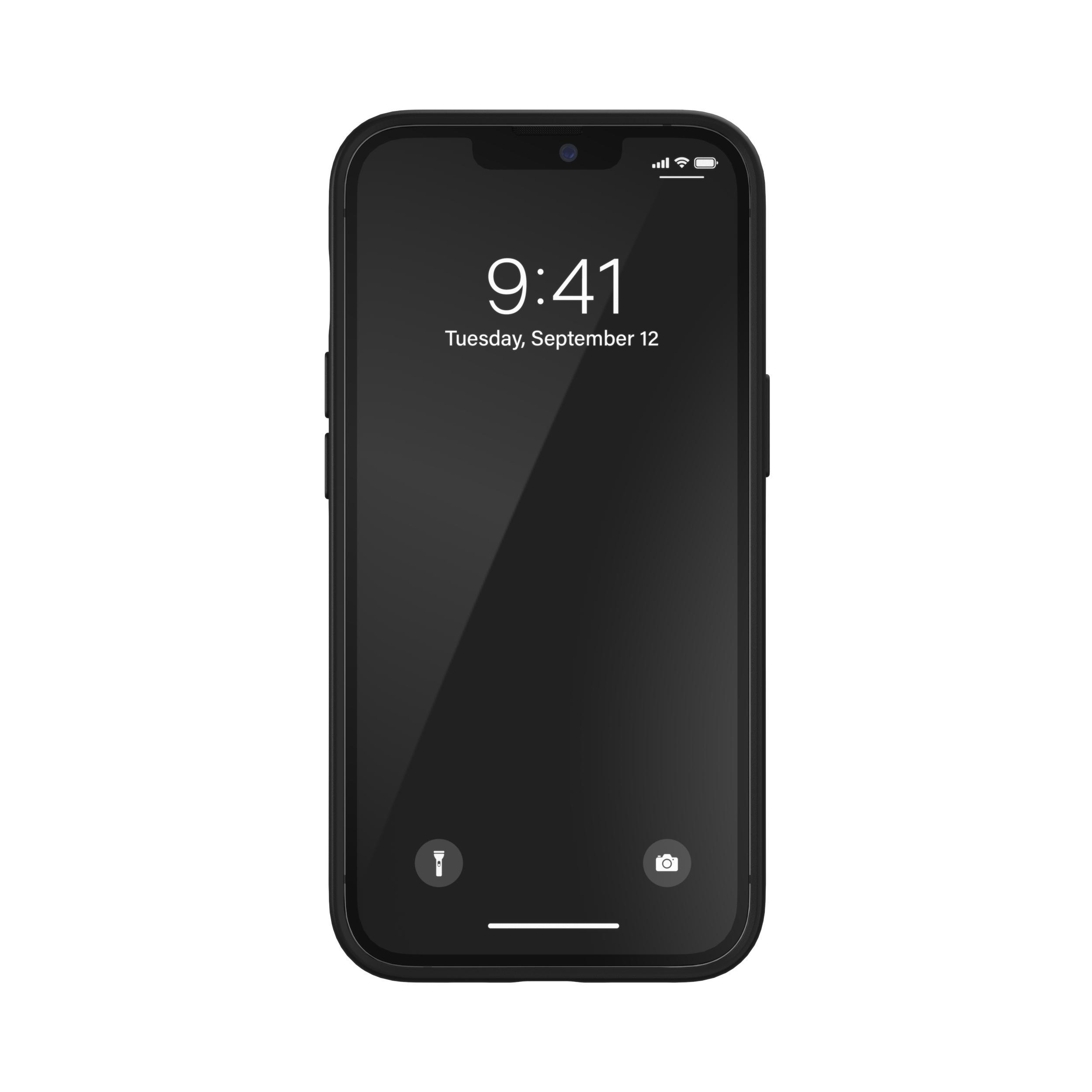 Schwarzes Smartphone mit leerem Bildschirm, der die Uhrzeit 9:41, Dienstag, 12. September anzeigt. Vorderansicht, isoliert auf Weiß.