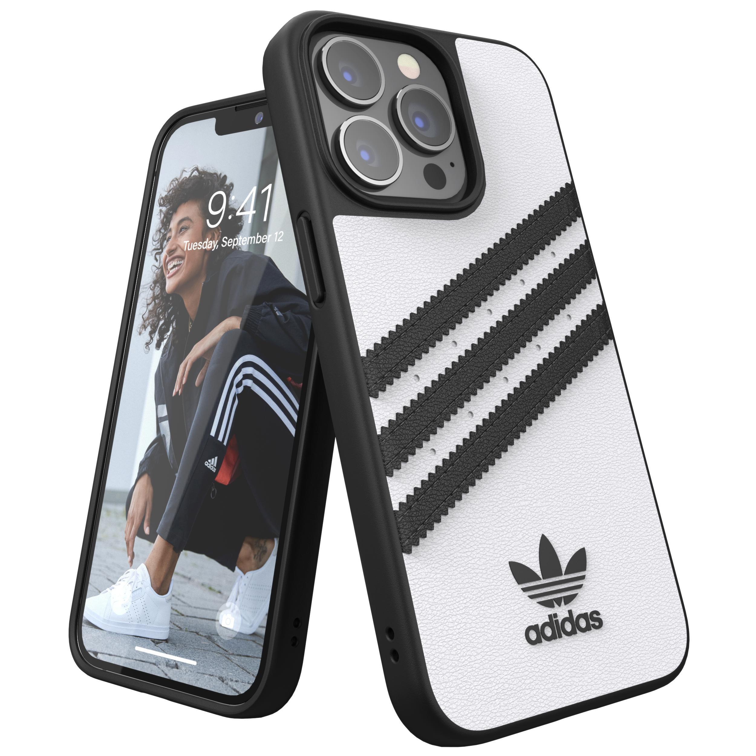 Telefonhülle mit Adidas-Logo auf weißem Grund, mit schwarzem Rand. Telefon zeigt eine Frau.