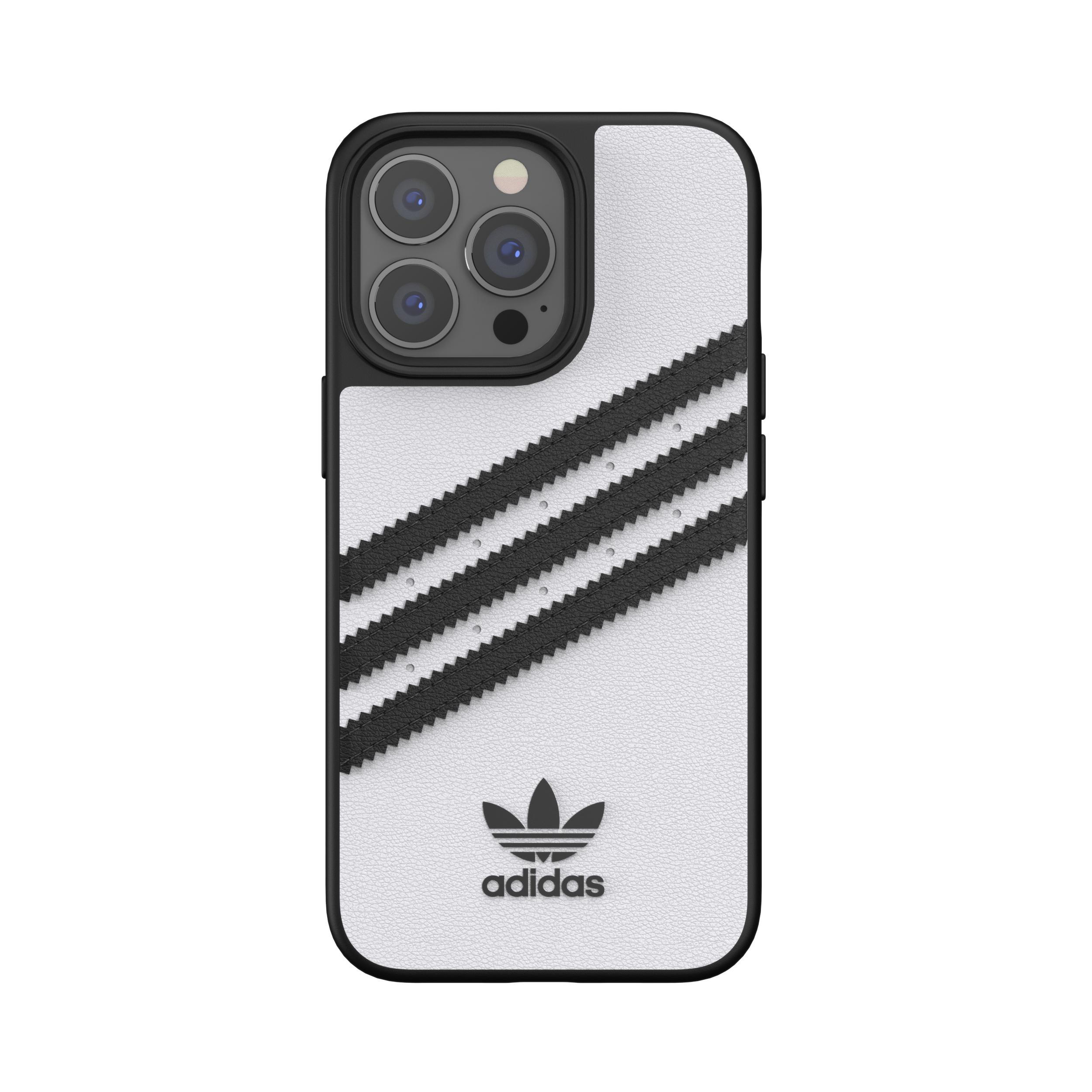 iPhone-Hülle mit schwarzem Rahmen und weißer Rückseite mit schwarzen Adidas-Streifen und Logo. Die Hülle ist auf weißem Hintergrund.