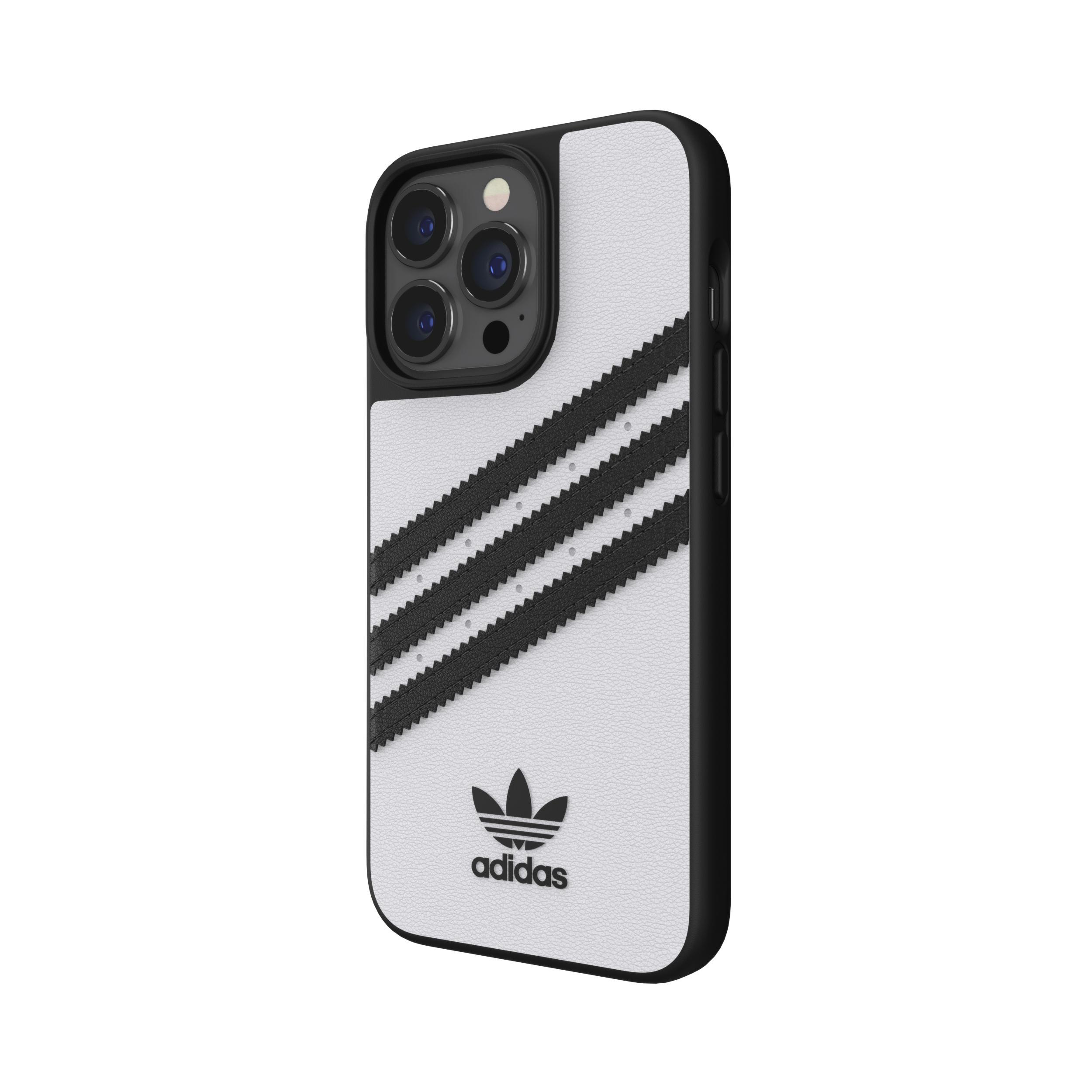 iPhone-Hülle der Marke Adidas mit weißem Hintergrund und schwarzen Streifen.