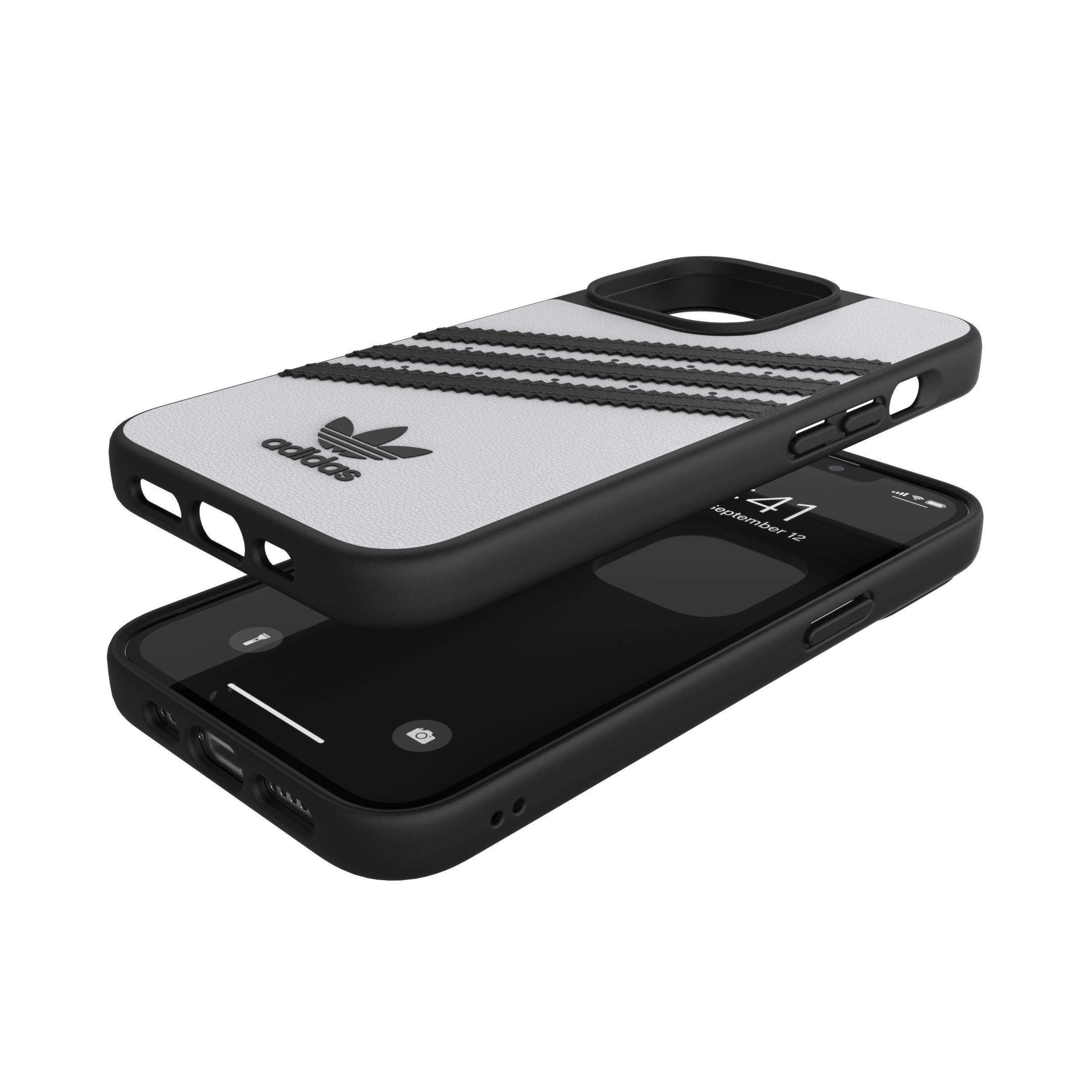iPhone in einer schwarzen Hülle mit weißen Adidas-Streifen. Das Telefon befindet sich auf weißem Hintergrund.