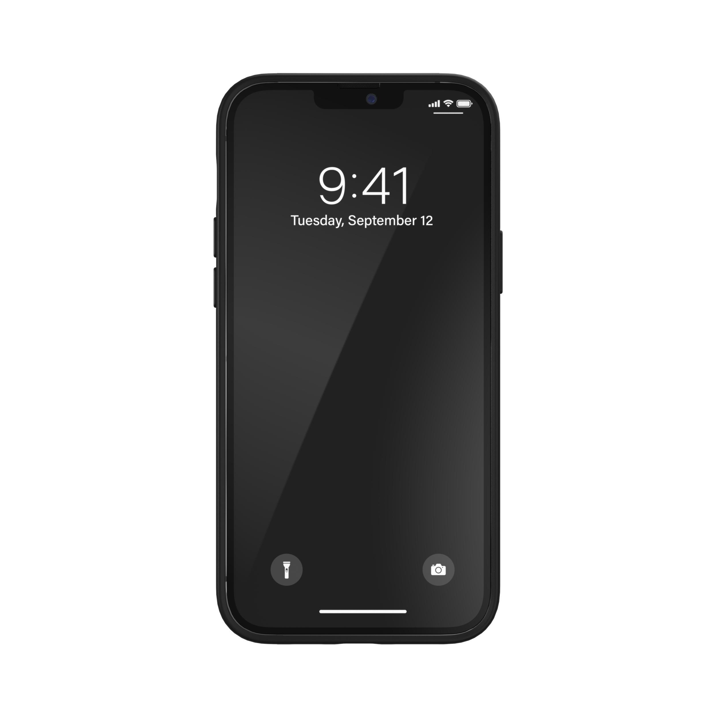 Ein schwarzes iPhone mit Hülle, das die Uhrzeit 9:41 und das Datum Dienstag, 12. September anzeigt.