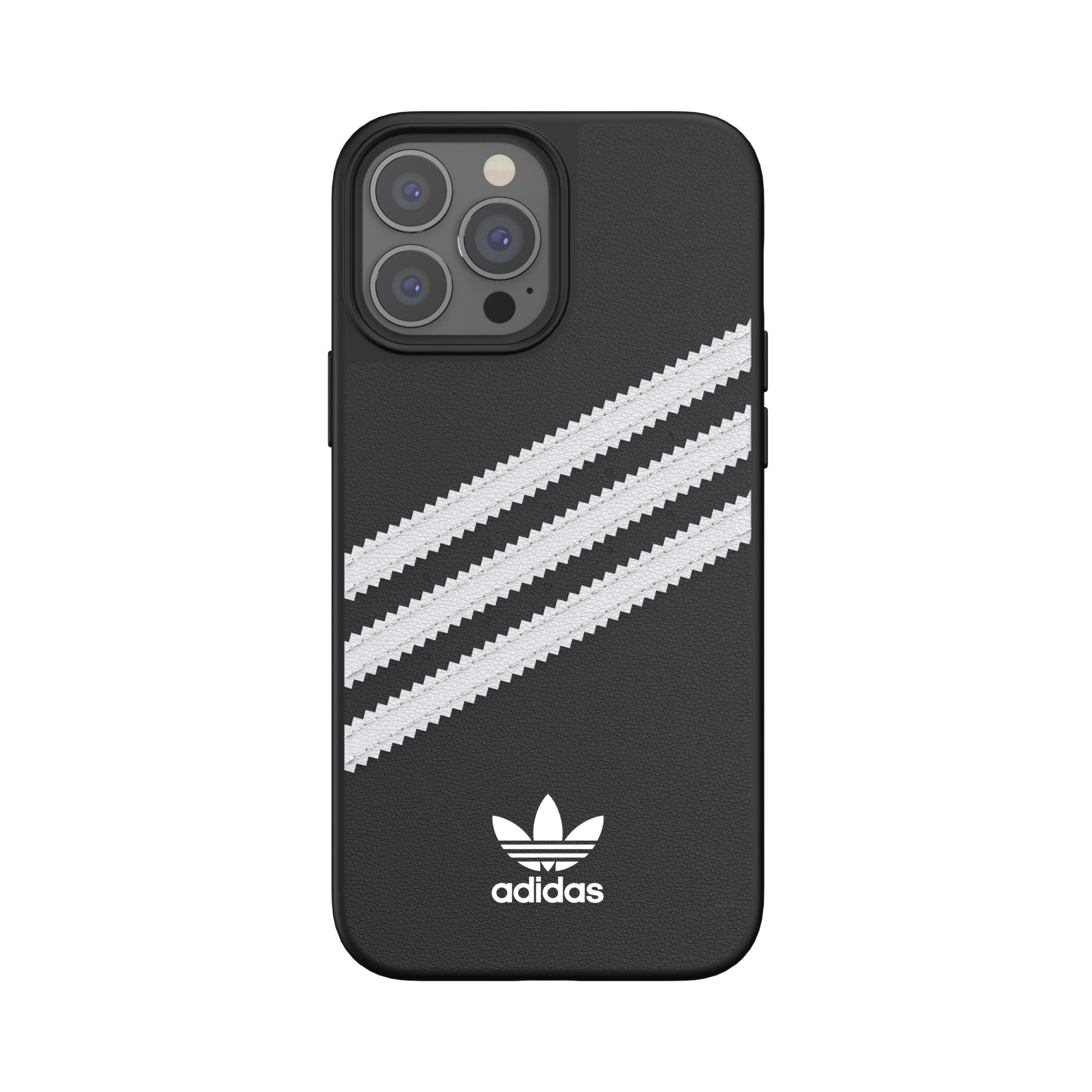 Eine schwarze iPhone-Hülle mit Adidas-Streifen und Logo, schwarzer Hintergrund.