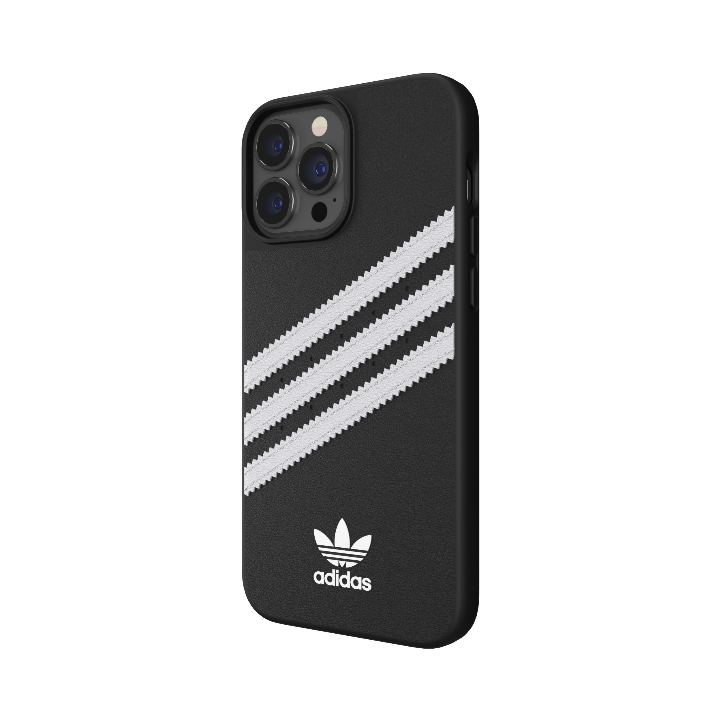 Schwarze iPhone-Hülle mit weißen Adidas-Streifen und Logo. Weißer Hintergrund.