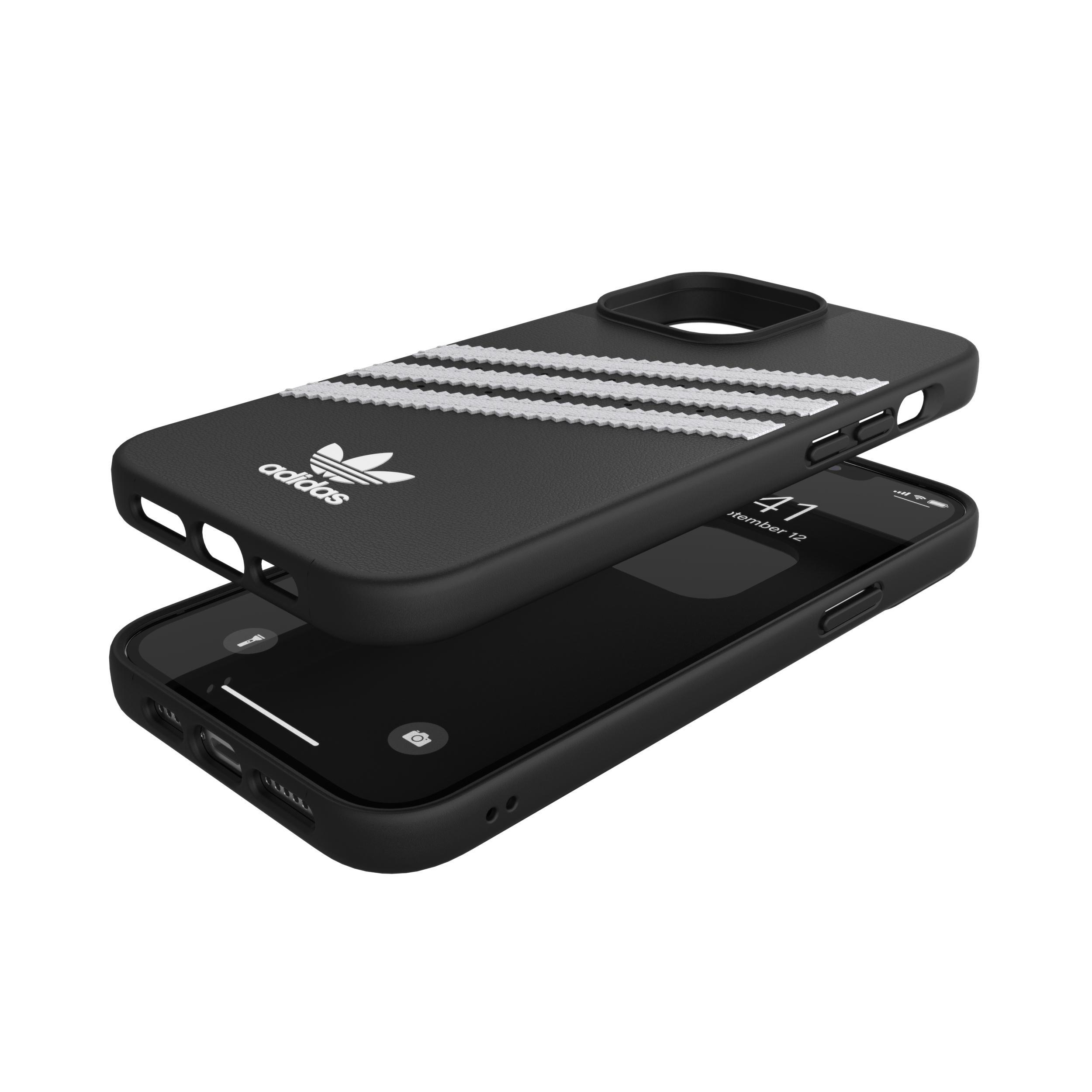 Schwarze Adidas-Handyhülle mit weißen Streifen und Logo über dem iPhone.
