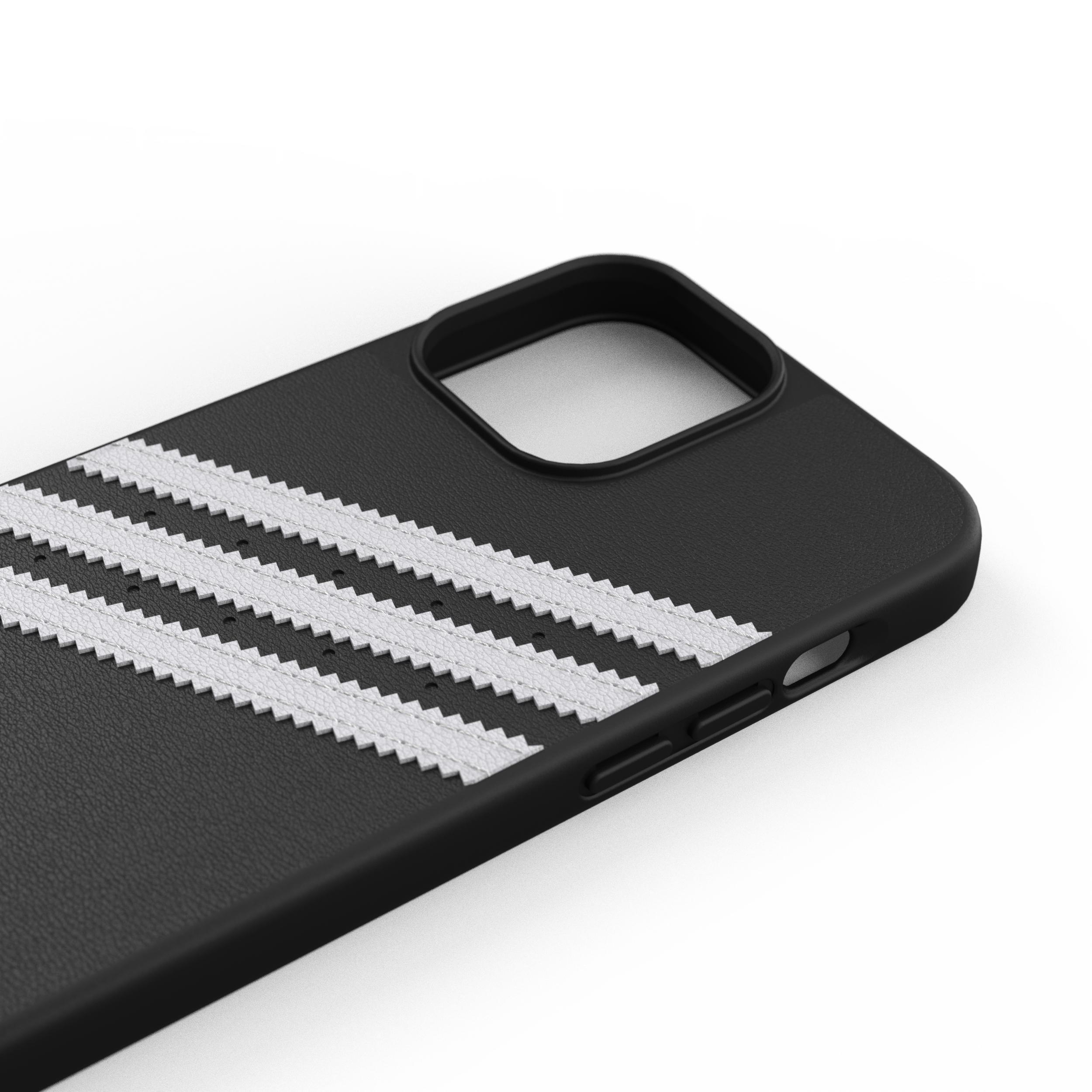 Schwarze Handyhülle mit weißen Adidas-Streifen. Hülle hat einen Ausschnitt für die Kamera.