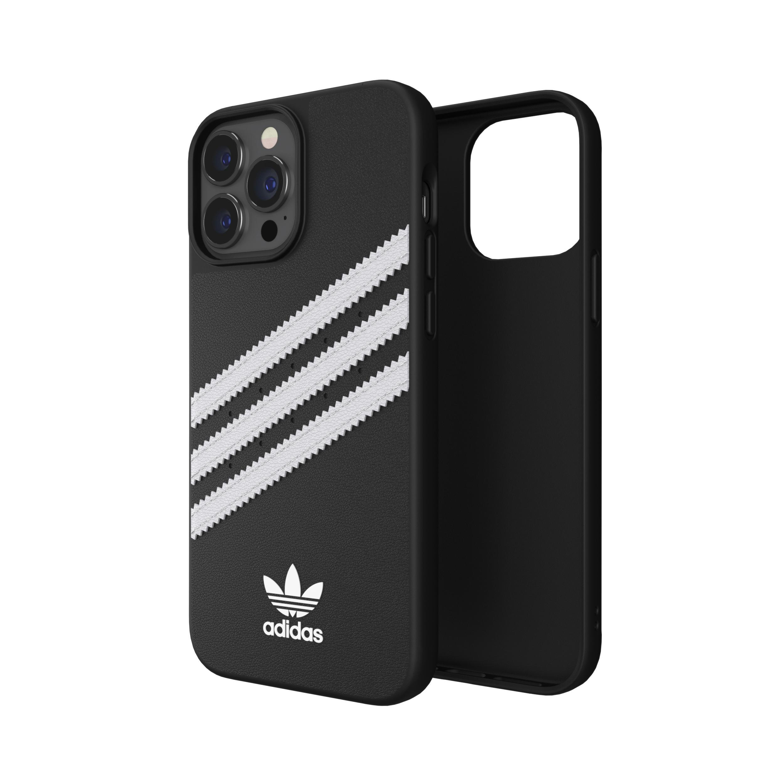 Schwarze iPhone-Hülle mit Adidas-Logo und drei weißen Streifen. Es ist auf schwarzem Hintergrund.