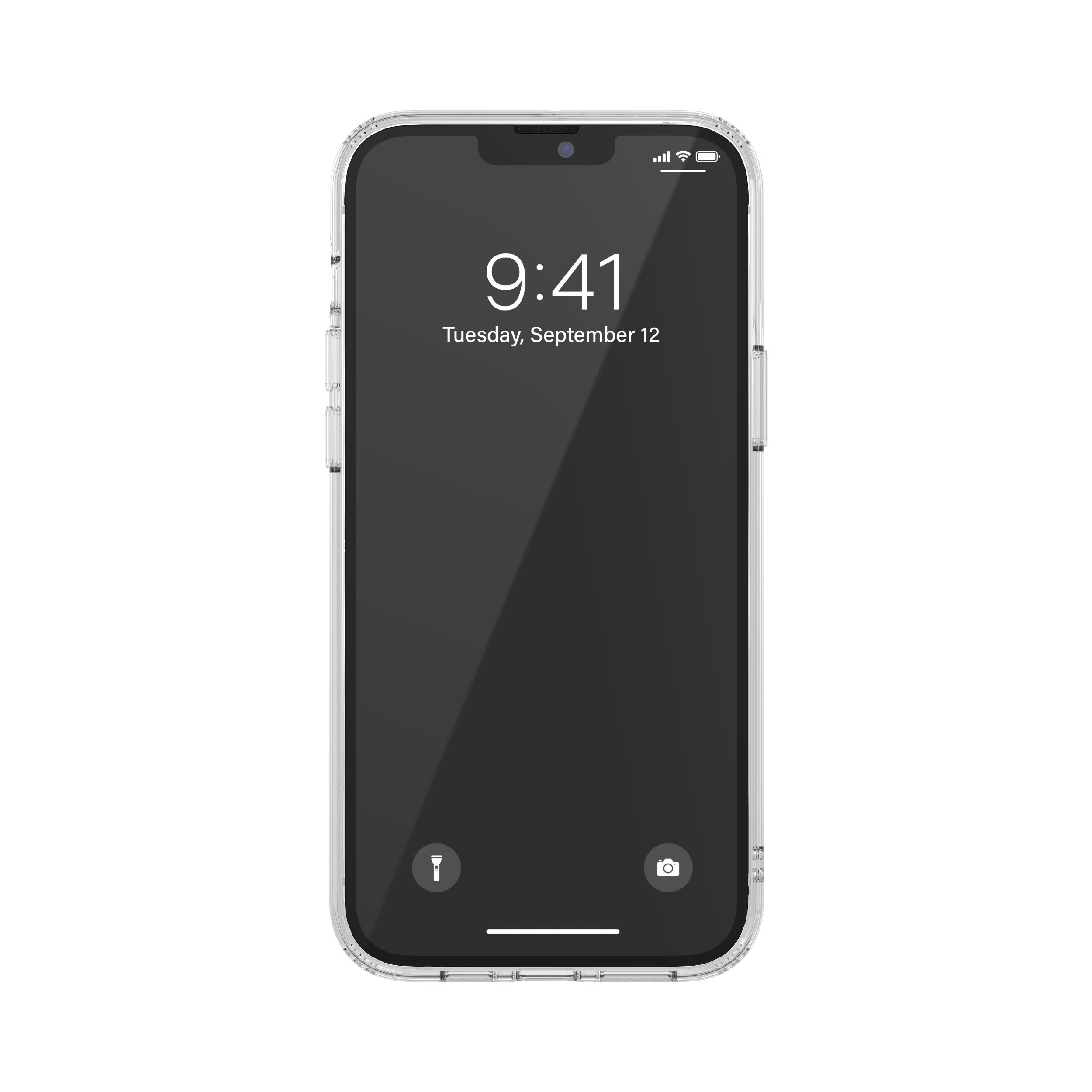 iPhone mit Hülle. Zeit zeigt 9:41 Uhr, Dienstag, 12. September. Weißer Hintergrund.