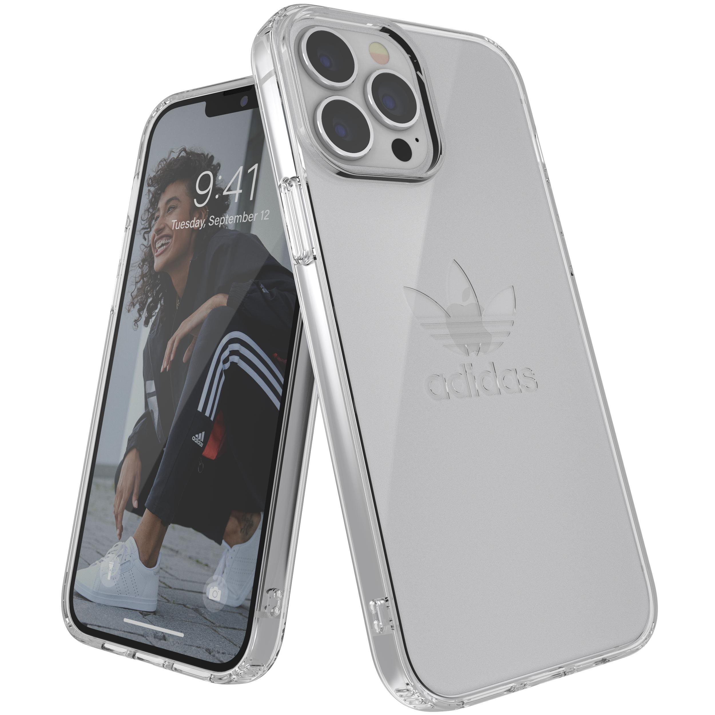 Transparente iPhone-Hülle mit Adidas-Logo und ein Telefon, das eine Frau zeigt.