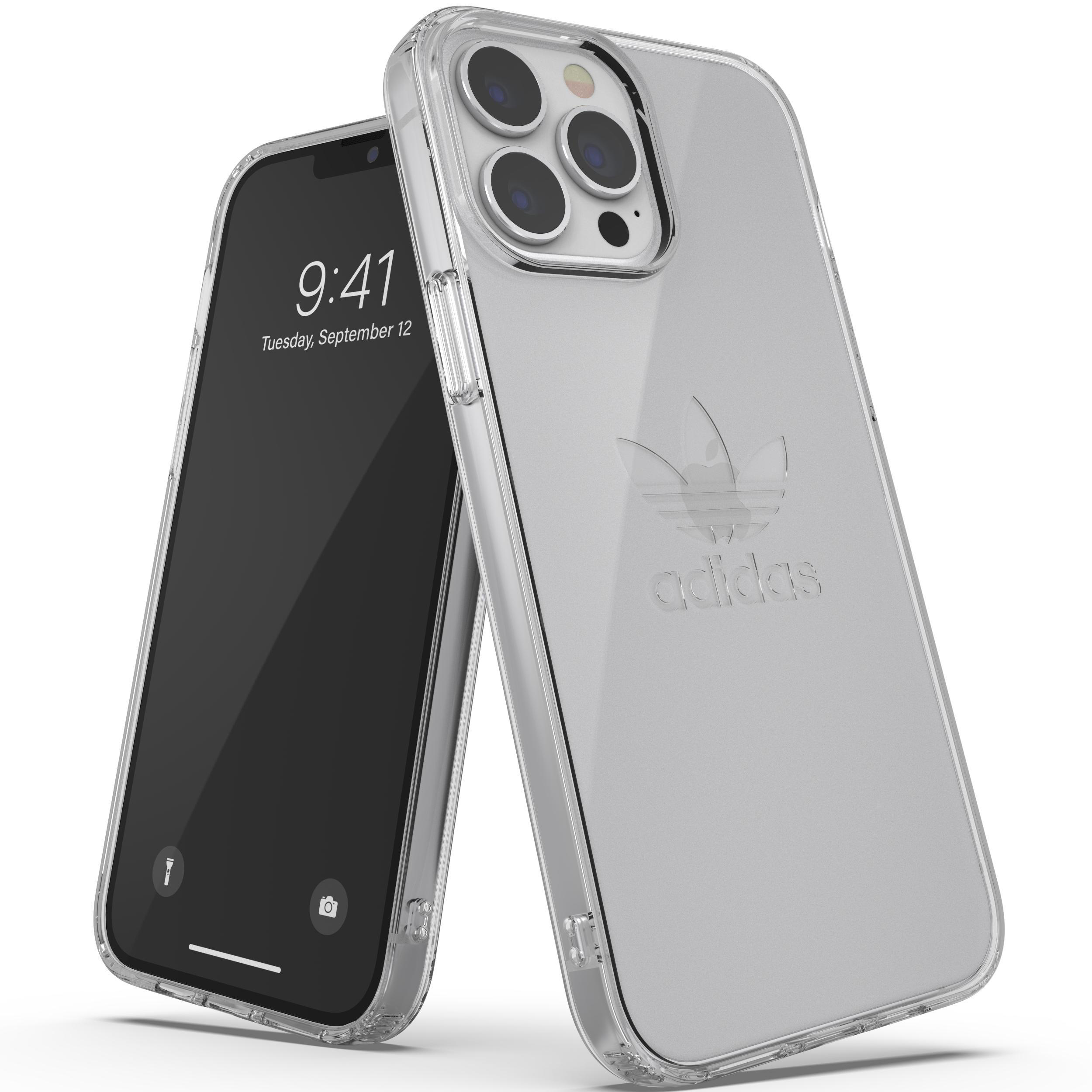 iPhone mit klarer Adidas-Hülle auf weißer Oberfläche. Ein weiteres iPhone lehnt daneben.