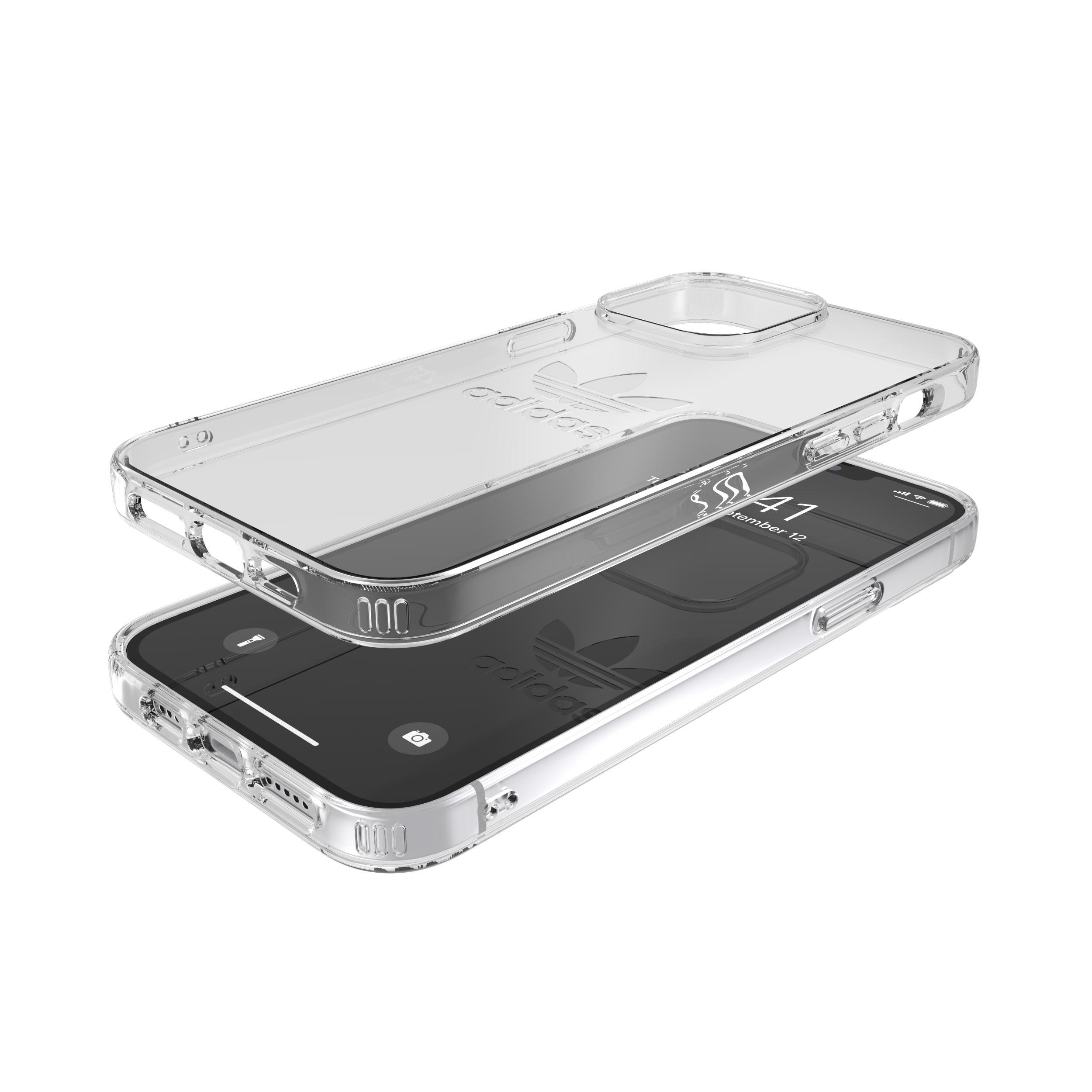 Eine transparente Handyhülle mit Adidas-Logo über einem Smartphone.
