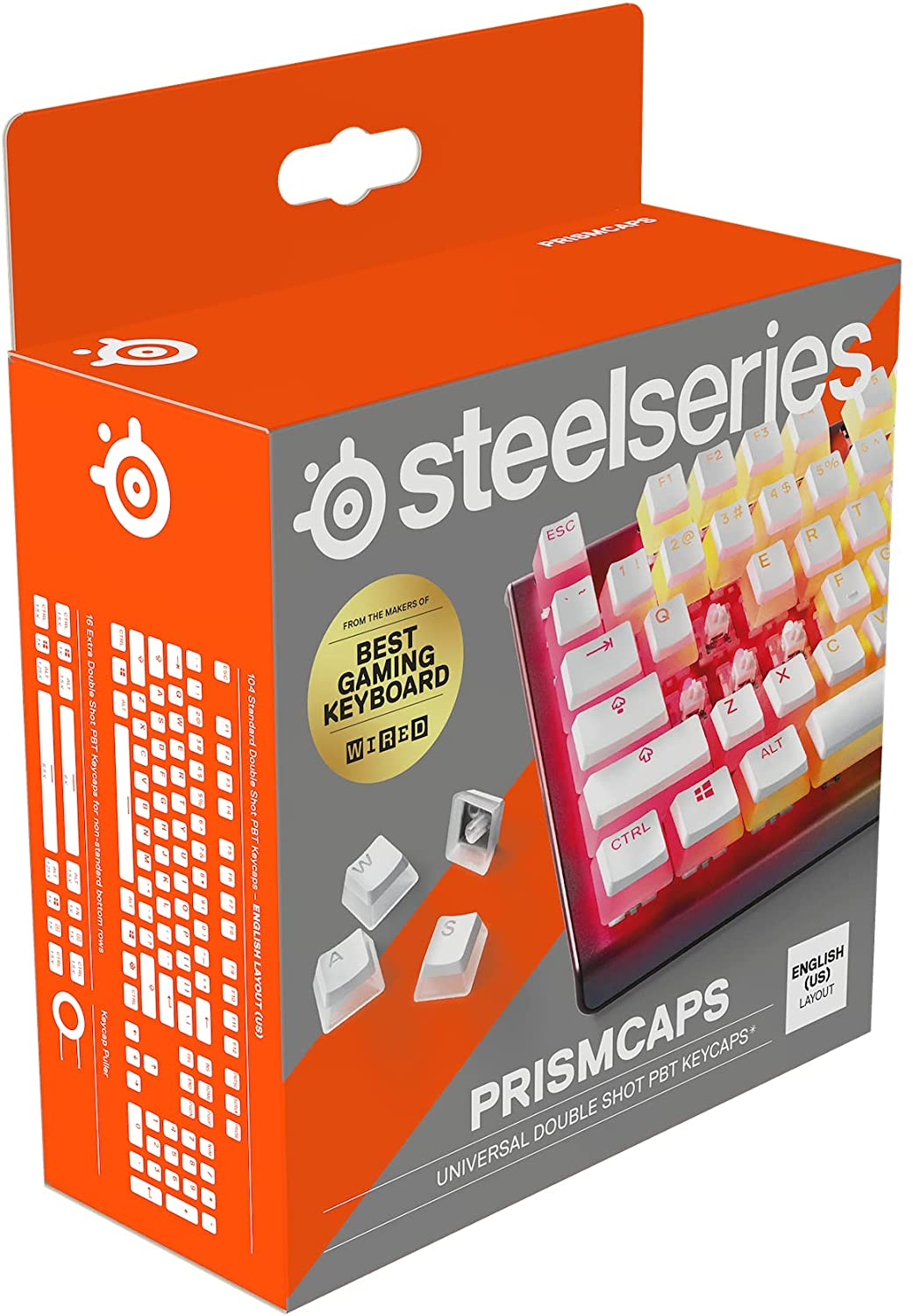 Steelseries Prismcaps klavye kutusu. Kutu, bir klavye görüntüsü ile turuncudur. Tuş başlıkları içerir.