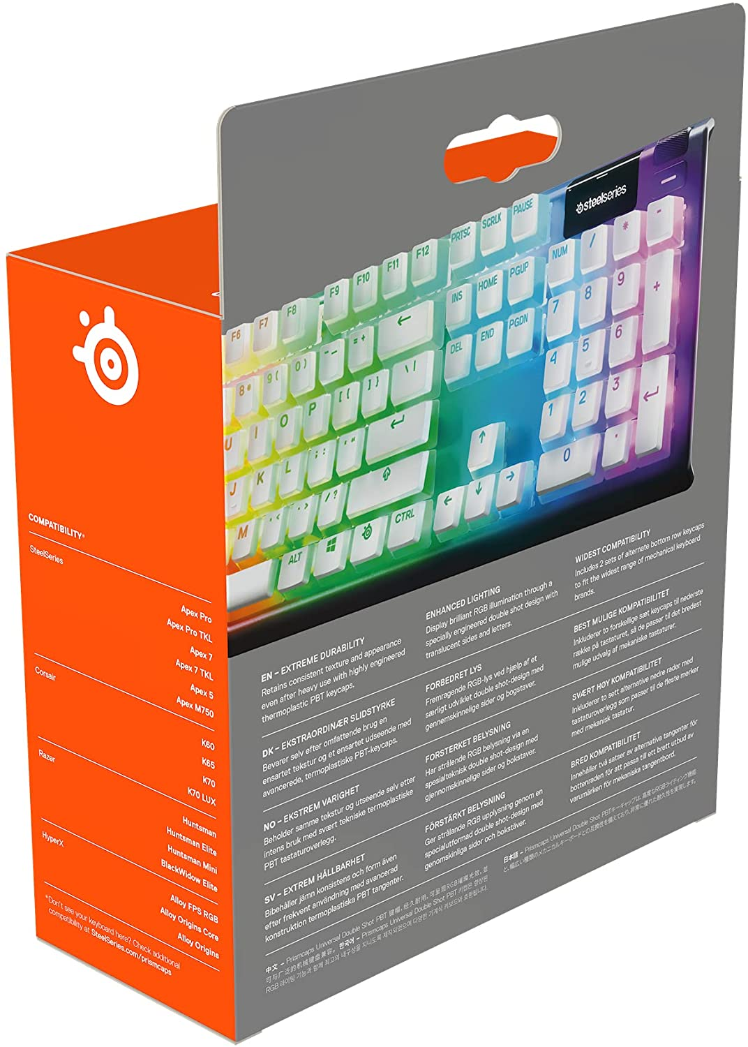 SteelSeries klavye kutusu, gökkuşağı tuşları ve metin gösteren bir klavye görüntüsü ile.