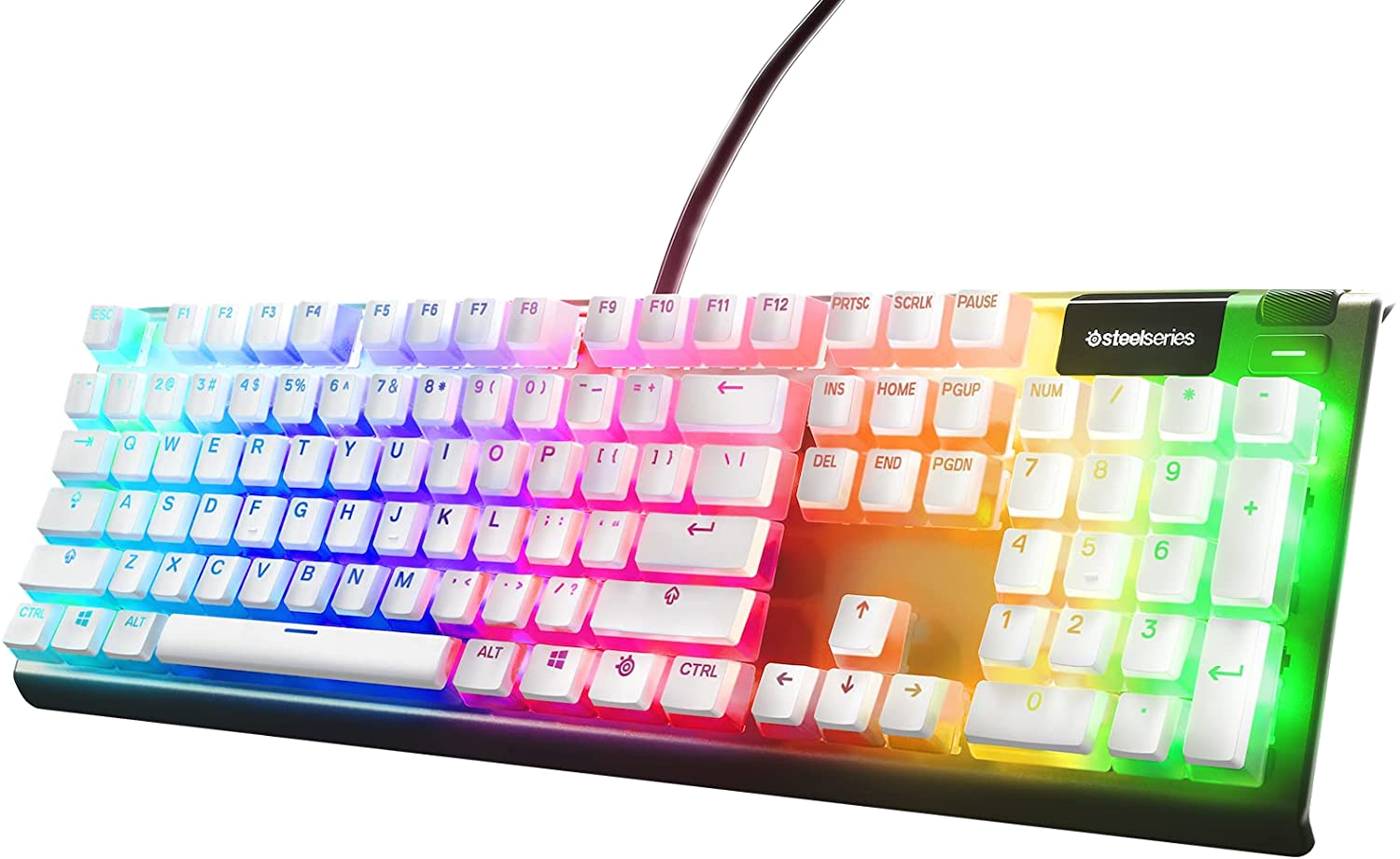 Siyah bir arka plan üzerinde Steelseries logosu olan beyaz, gökkuşağı aydınlatmalı bir klavye.