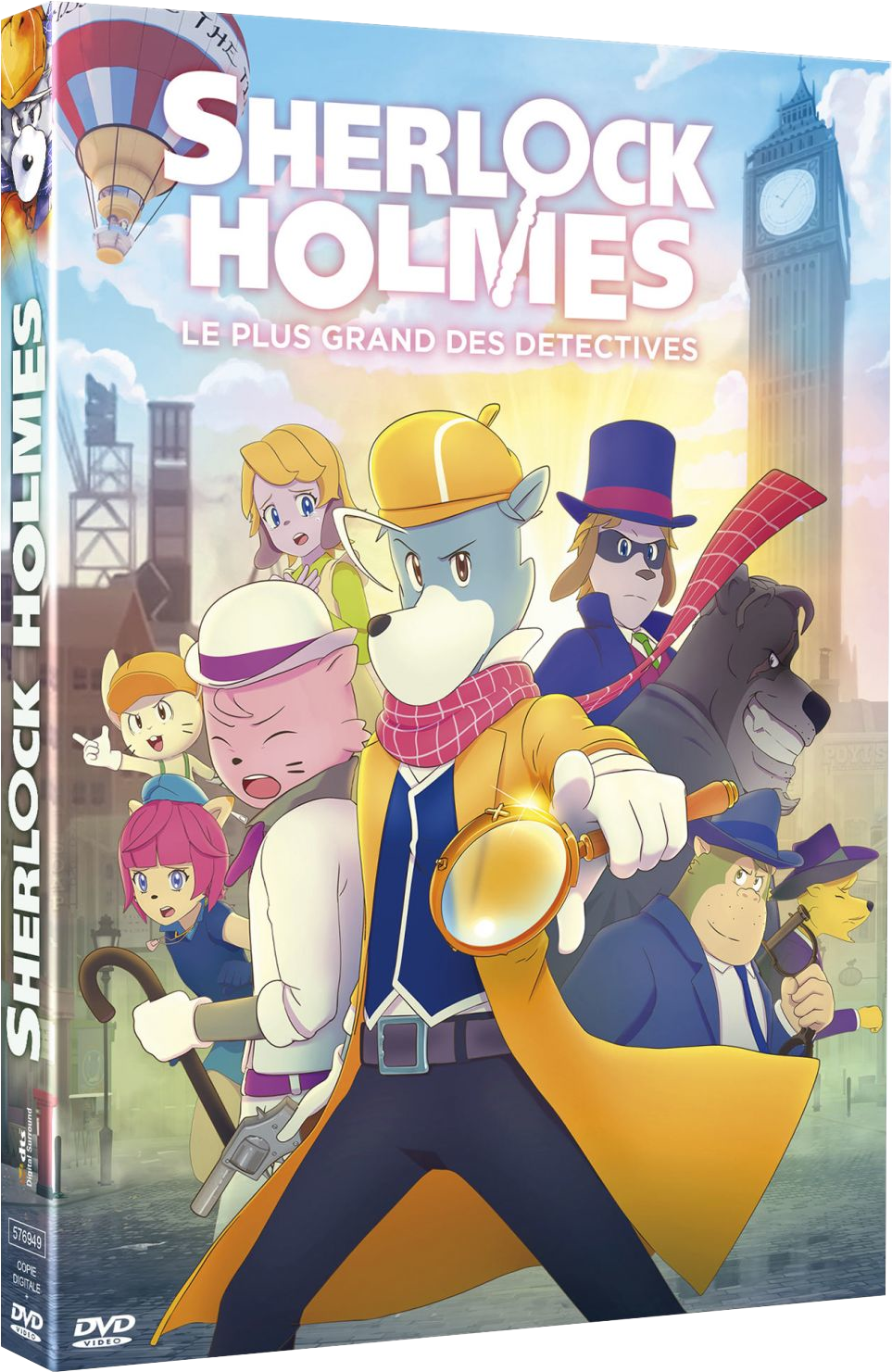 Jaquette DVD du film d'animation "Sherlock Holmes", avec des personnages de dessins animés et Big Ben.