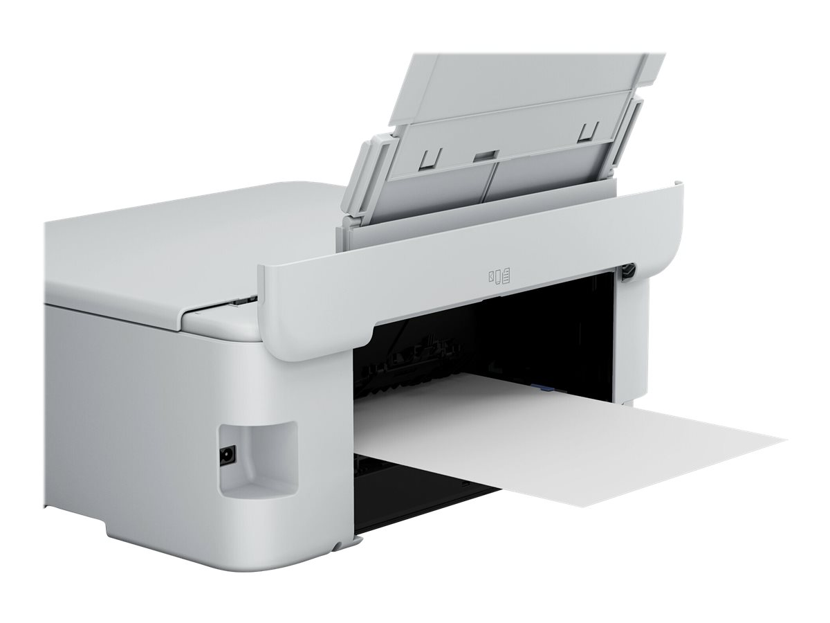 Ein weißer Drucker mit hochgeklapptem Deckel, der ein leeres weißes Papierblatt druckt.
