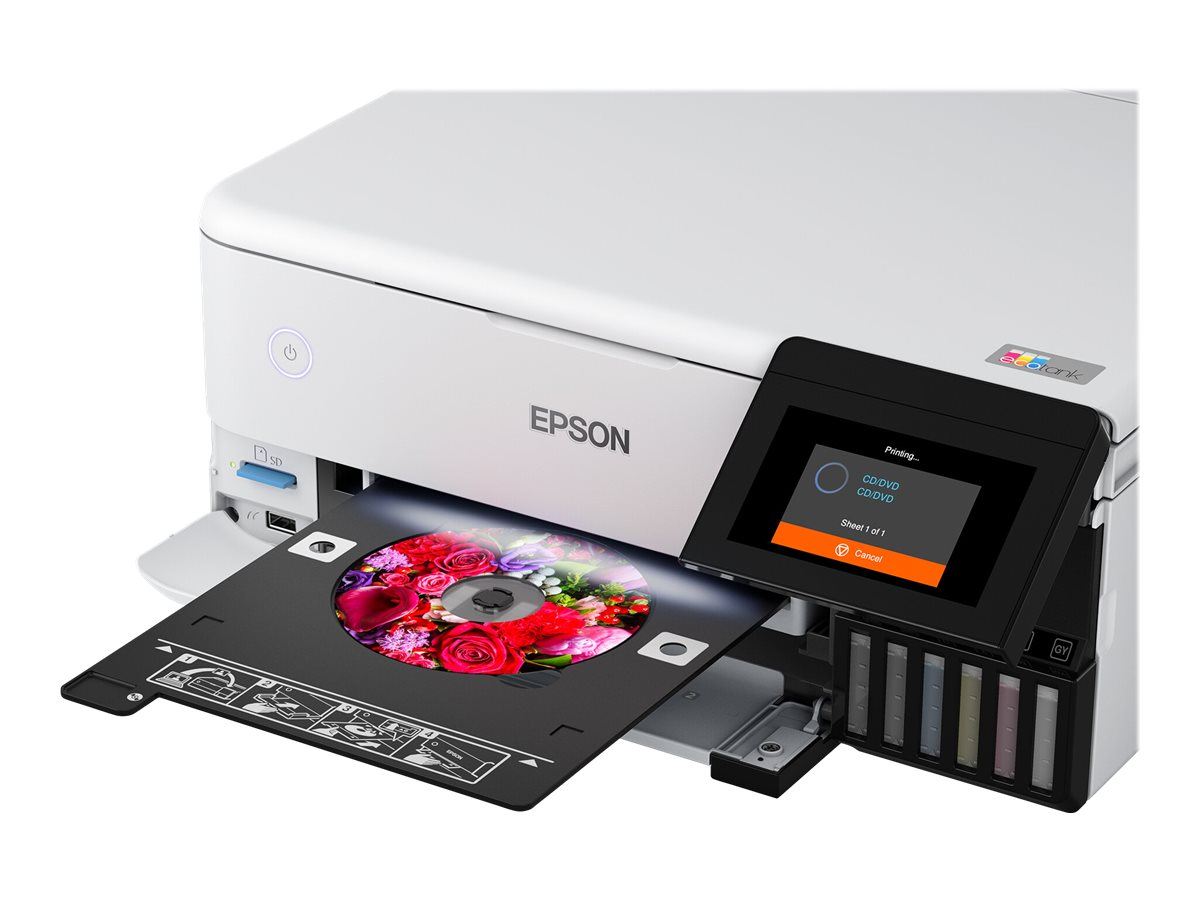 Weißer Drucker mit CD/DVD-Fach. Der Drucker hat ein Display, das Druckoptionen anzeigt.