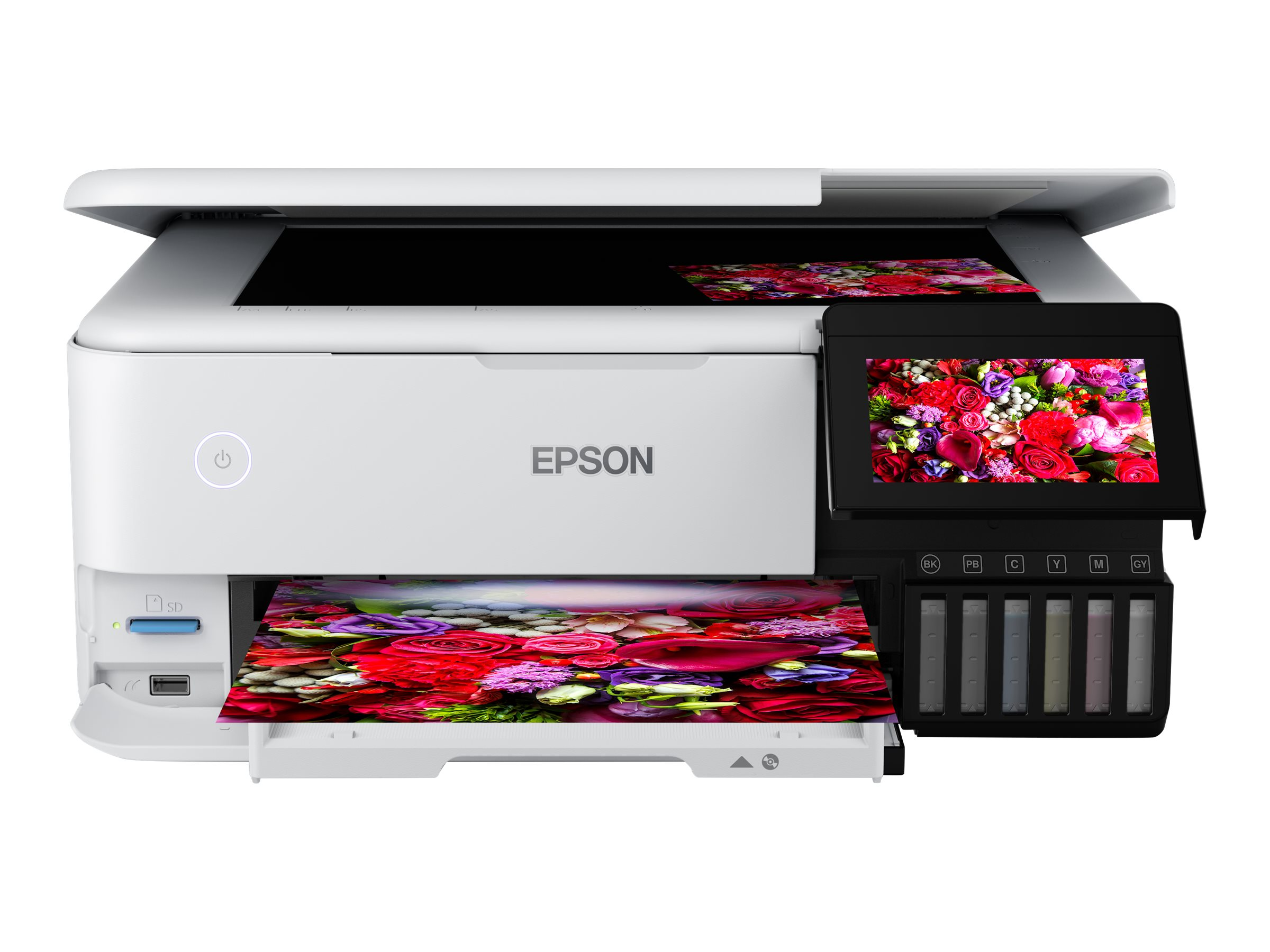 Weißer Epson-Drucker. Er druckt ein Blumenbild. Der Bildschirm ist schwarz.