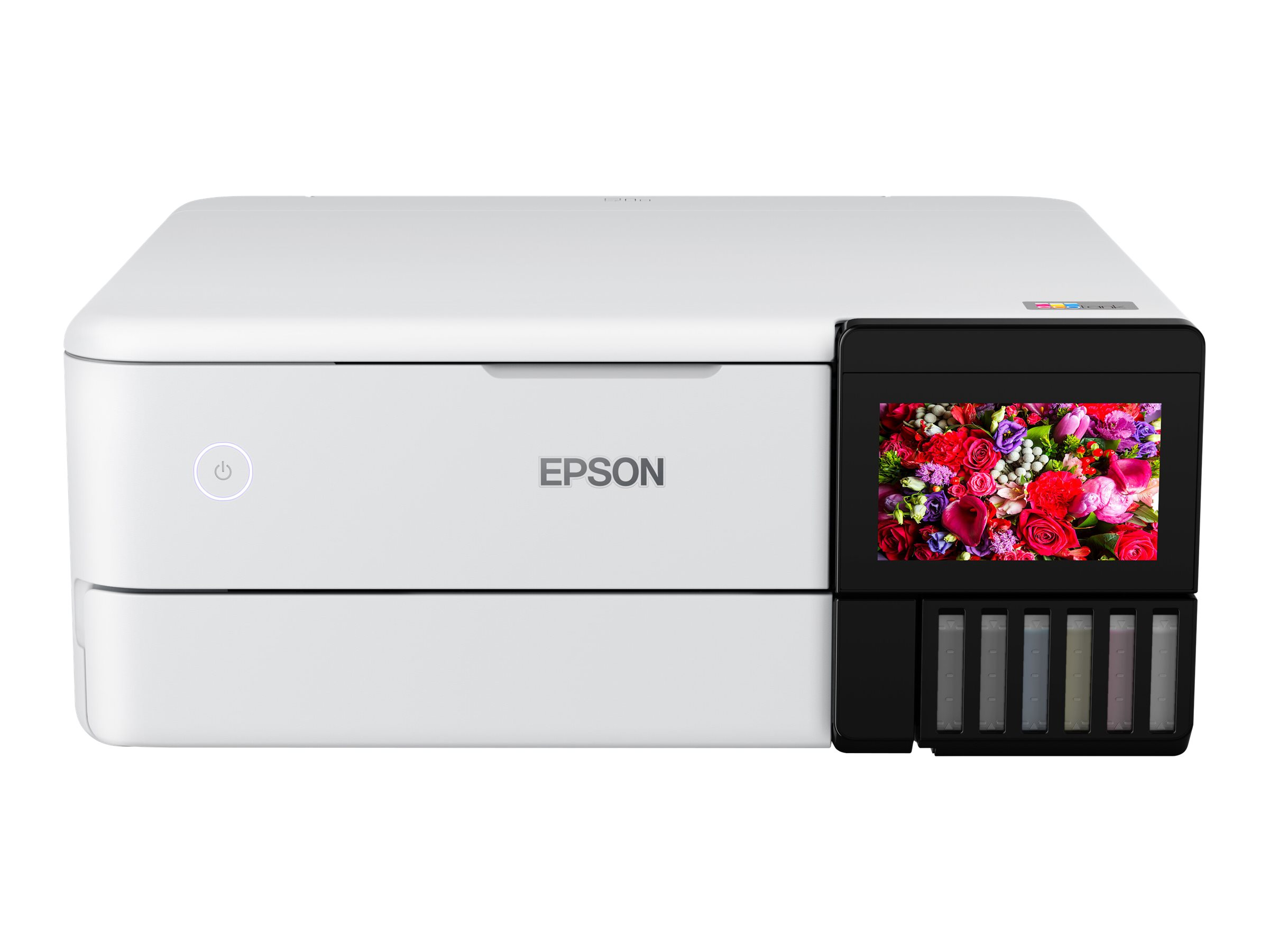 Weißer Epson-Drucker mit Bildschirm und Tintenbehältern. Auf dem Bildschirm wird ein farbenfrohes Blumenbild angezeigt.