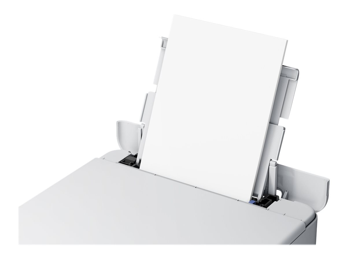 Weißer Drucker mit einem Blatt Papier, das aus der Nähe zugeführt wird.