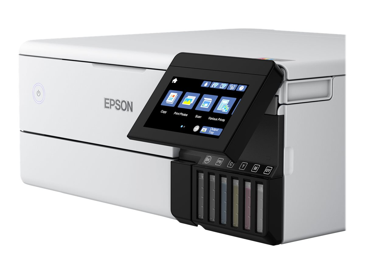 Ein Epson-Drucker mit Touchscreen und Tintenpatronen, in einem weißen Gehäuse.