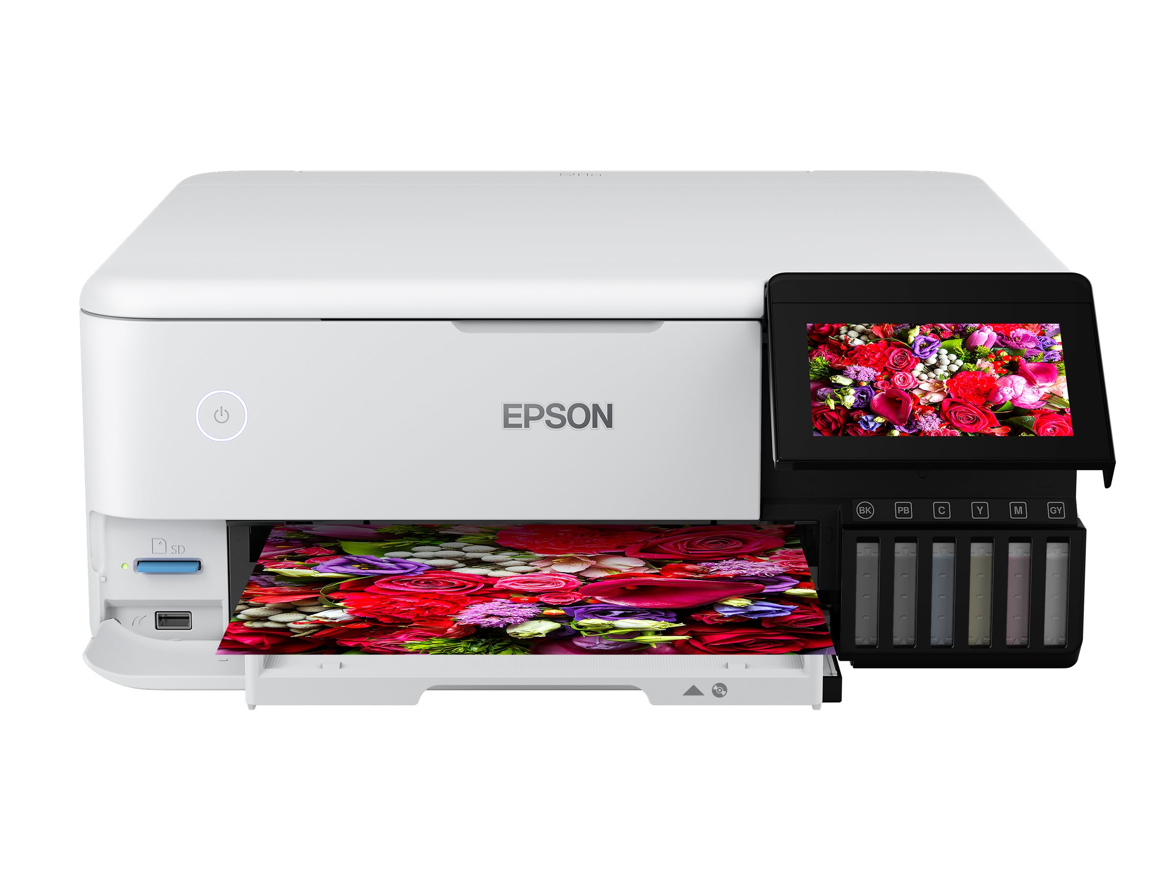 Weißer Epson-Drucker, der ein Blumenbild druckt. Hat ein Touchscreen-Display und Tintenpatronen.