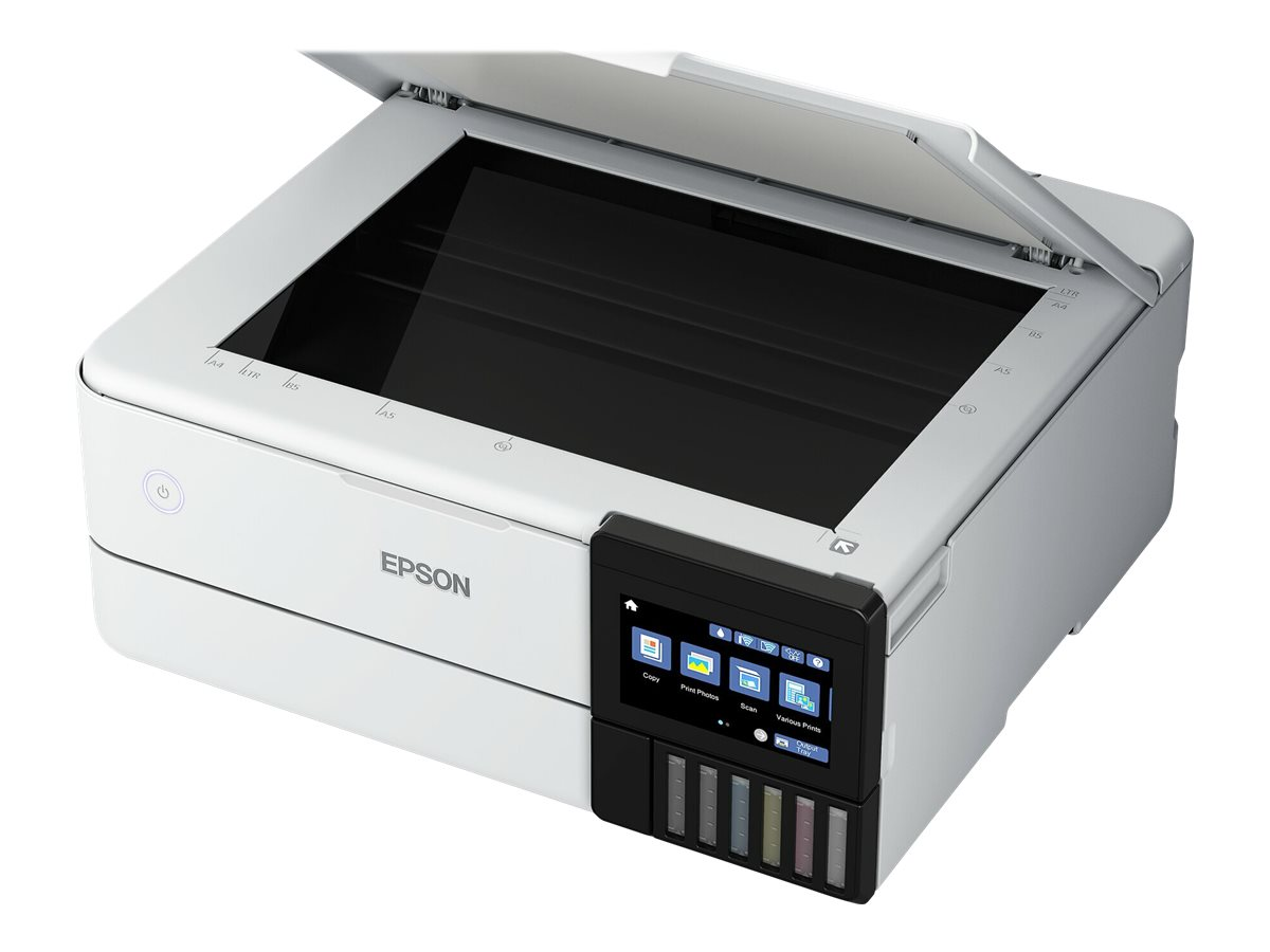 Weißer Epson-Drucker mit offenem Deckel und Touchscreen. Verfügt über Tintenpatronen.