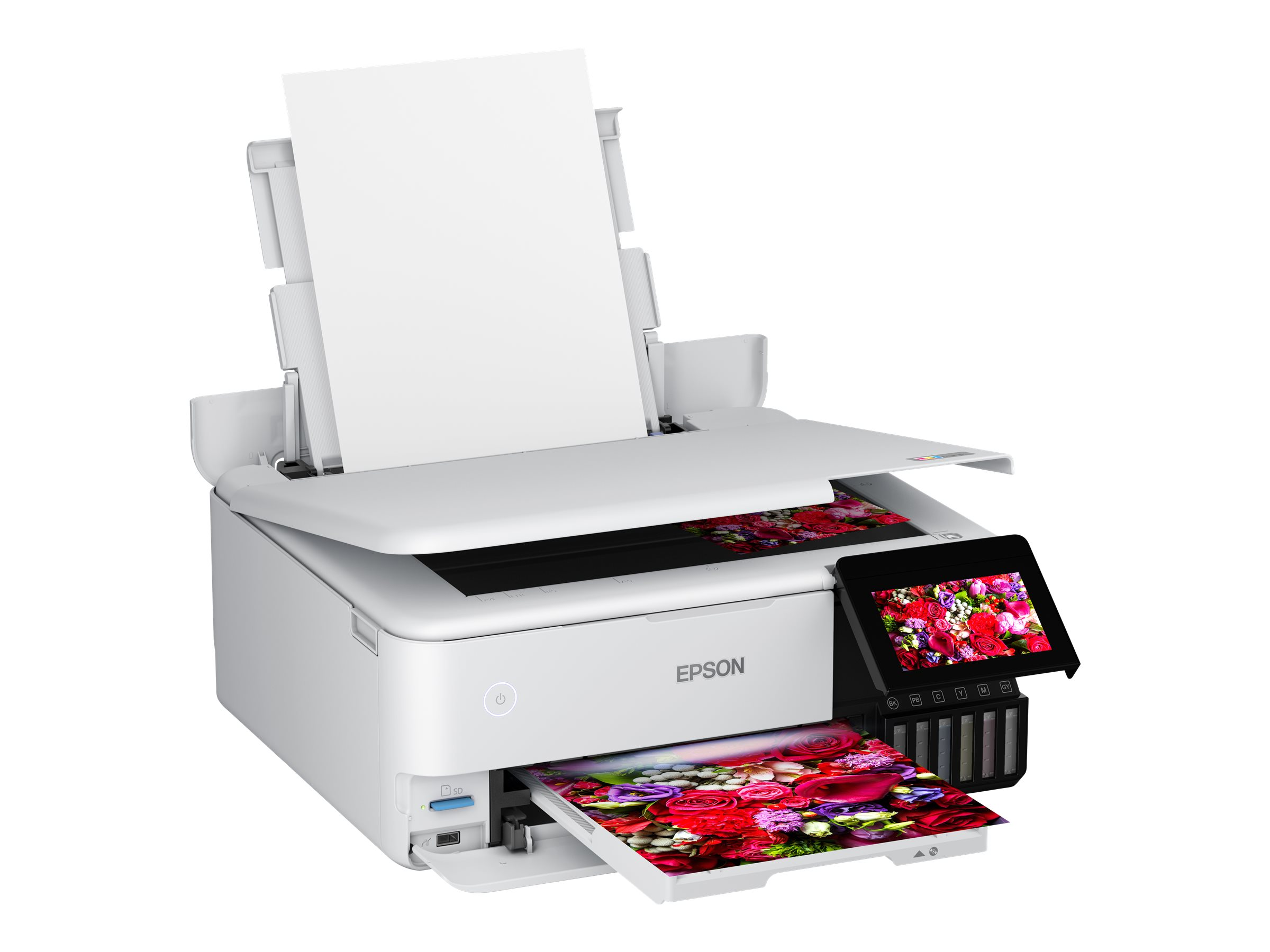 Ein Epson Drucker druckt ein farbenfrohes Blumenbild.