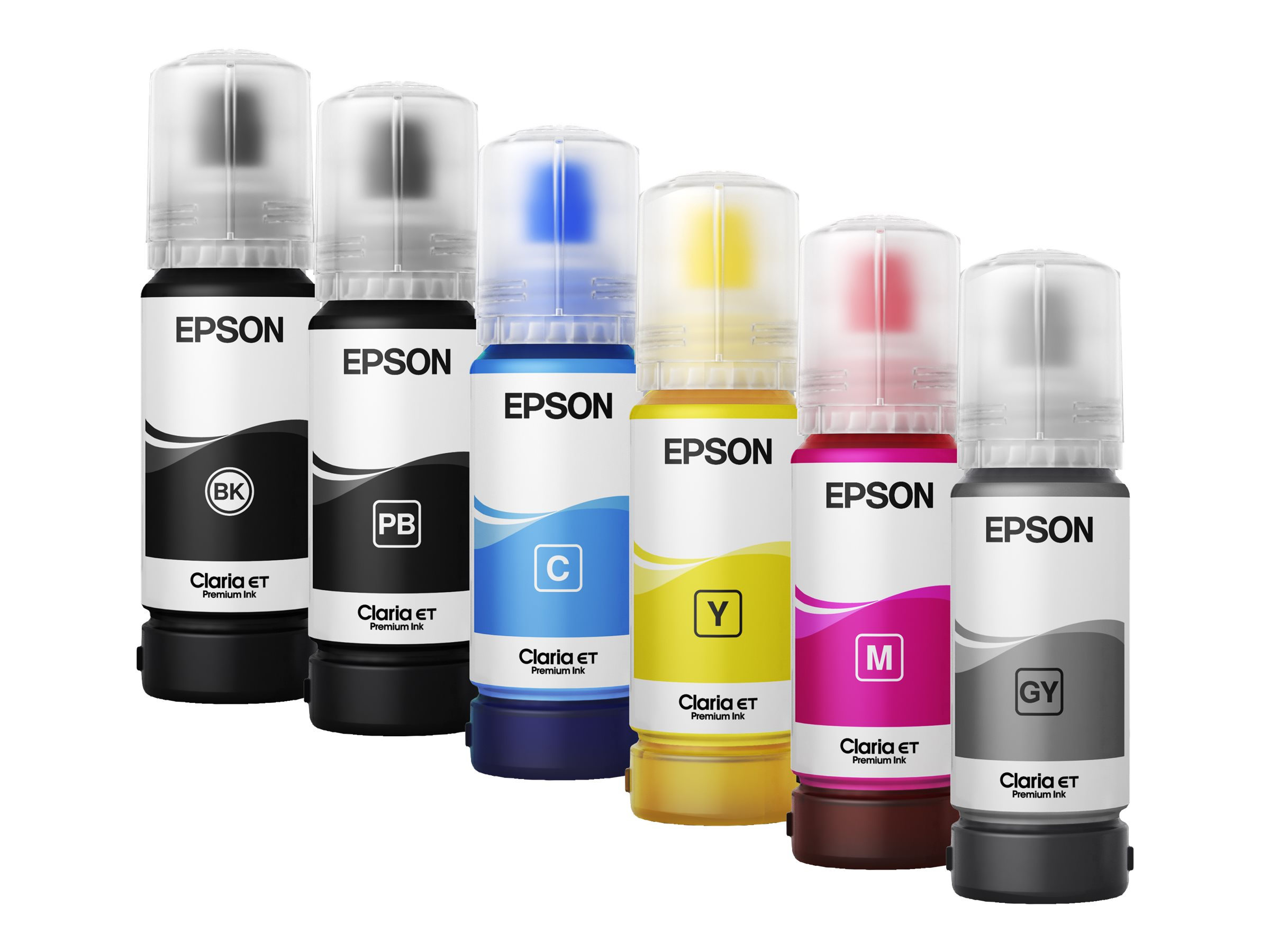 Sechs Epson Tintenflaschen in verschiedenen Farben: Schwarz, Fotoblack, Cyan, Gelb, Magenta und Grau. Klare Deckel.