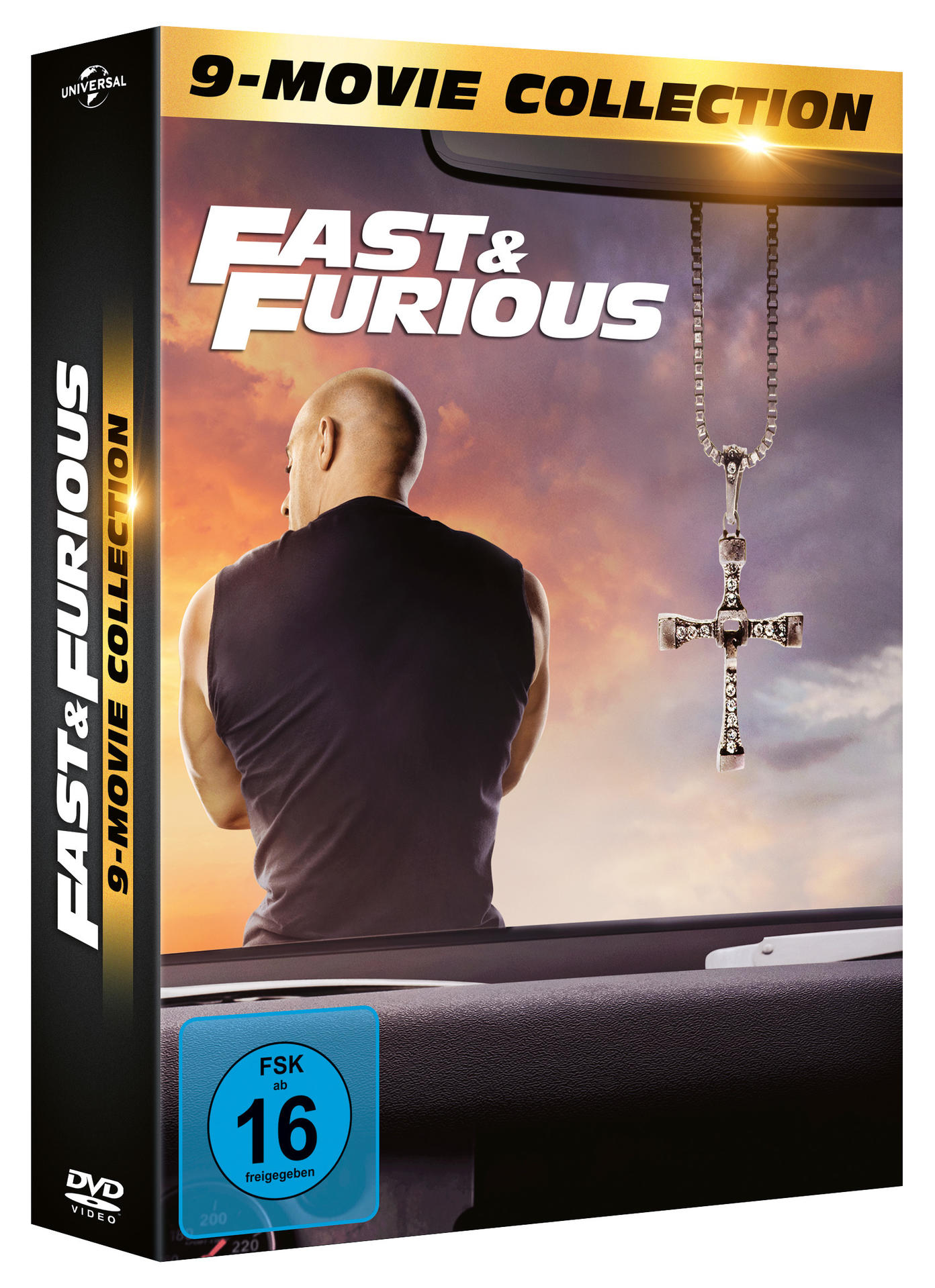 DVD-Hülle der Fast & Furious 9-Movie Collection mit Vin Diesel und einem hängenden Kreuz.