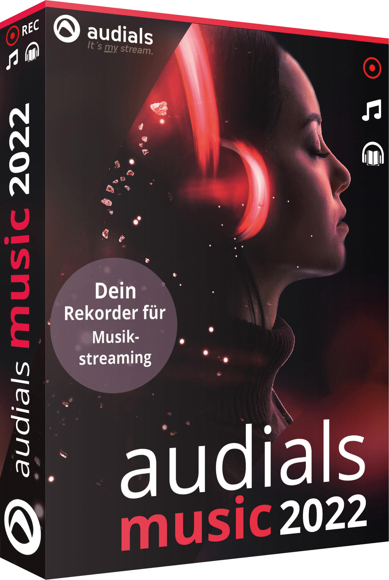 Box der Audials Music 2022 Software mit einer Frau, die Musik über Kopfhörer hört.