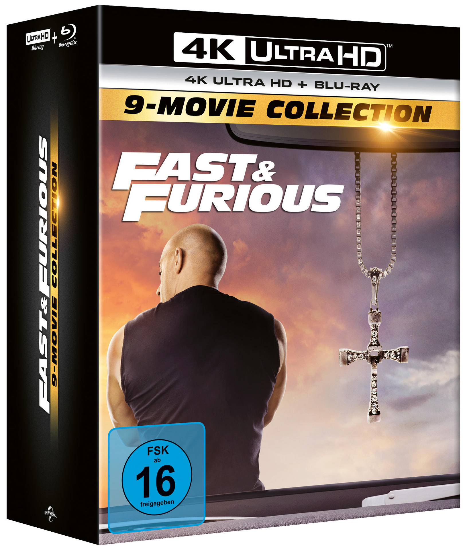 Fast and Furious 9-Movie Collection 4K Ultra HD Blu-ray Box mit einem Kreuzkettchen.