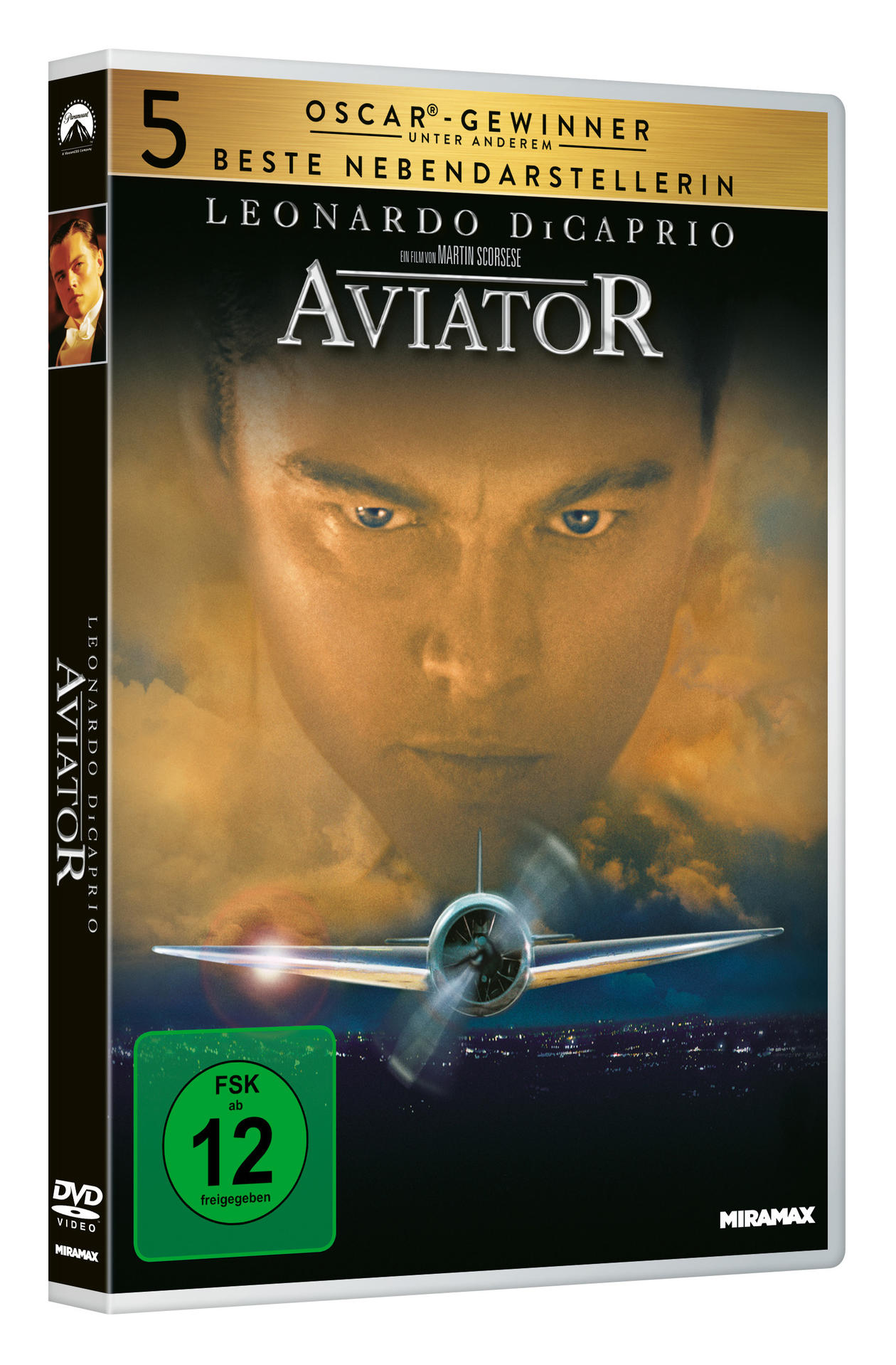 DVD-Cover von 'The Aviator' mit Leonardo DiCaprio. Ein Flugzeug fliegt am Himmel.