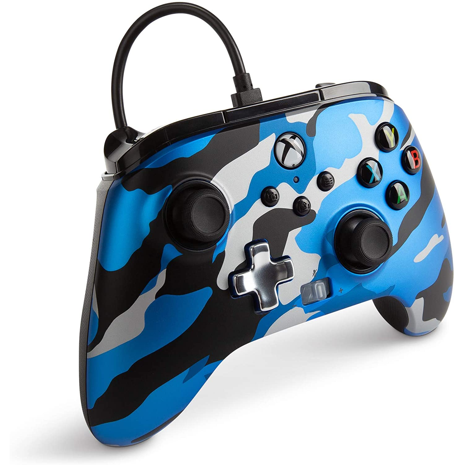 Mando de juego azul y negro con botones y una cruz plateada.