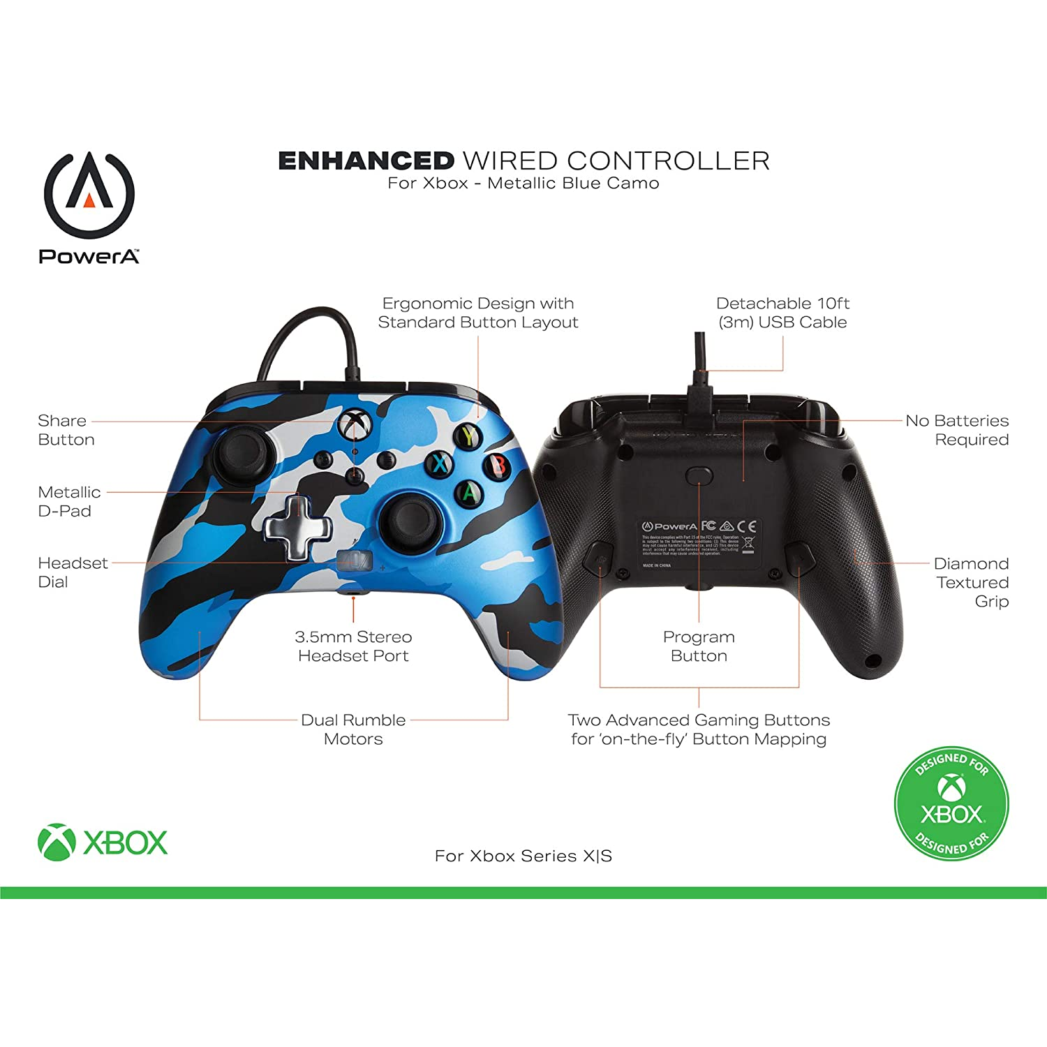 Un mando de Xbox con diseño de camuflaje azul, parte trasera negra y botones etiquetados.