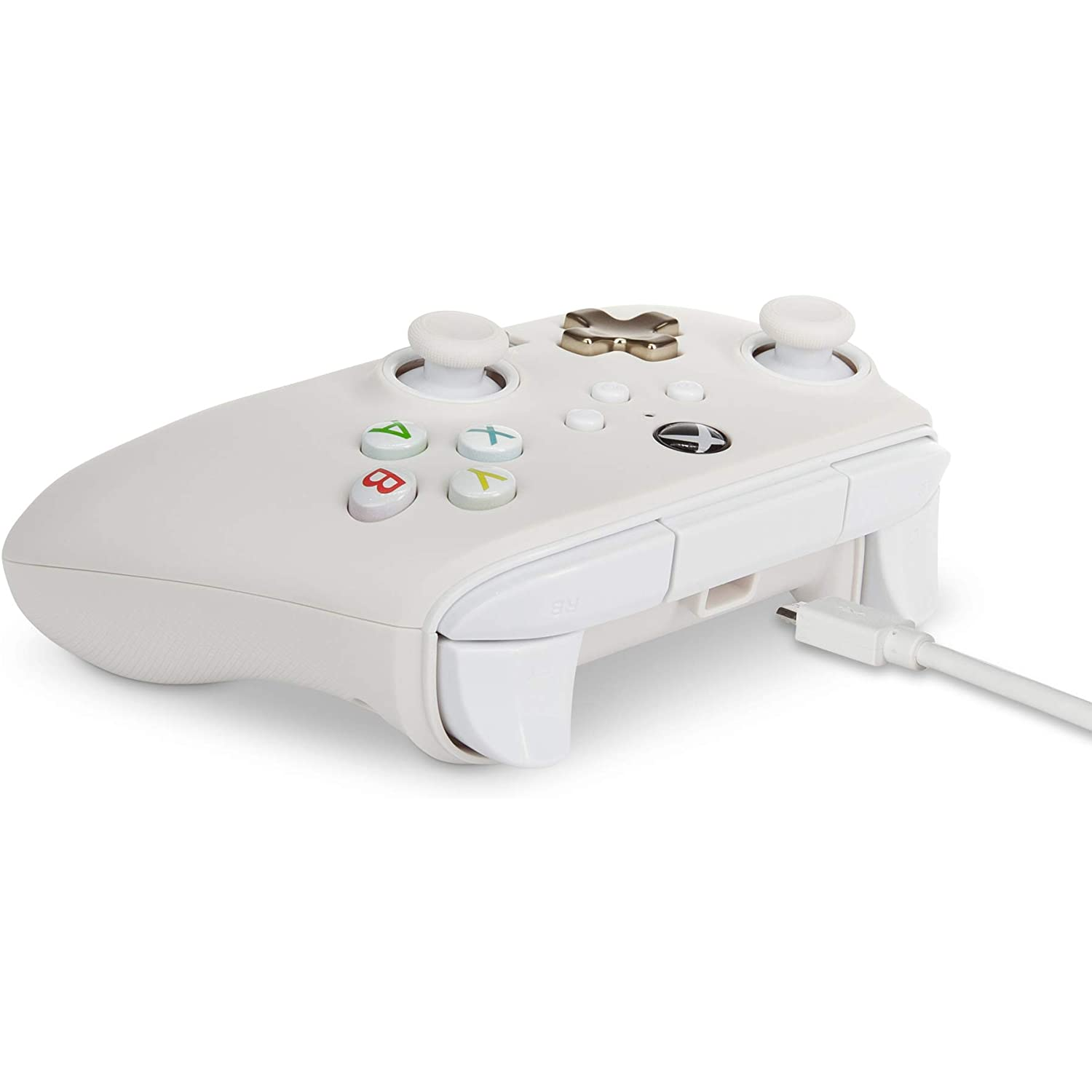 Un mando de Xbox blanco con un cable USB conectado, apoyado sobre una superficie blanca.